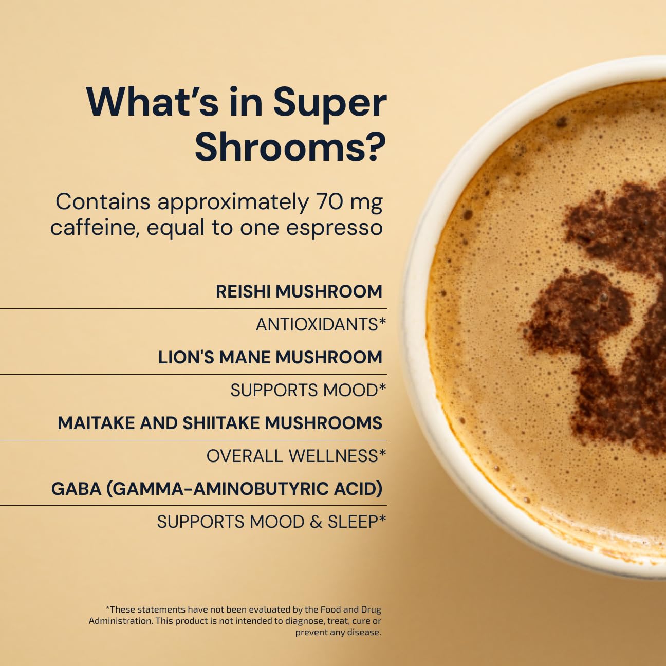 Café Super Hongo Blueprint Bryan Johnson, taza humeante, experiencia reconfortante al despertar.
