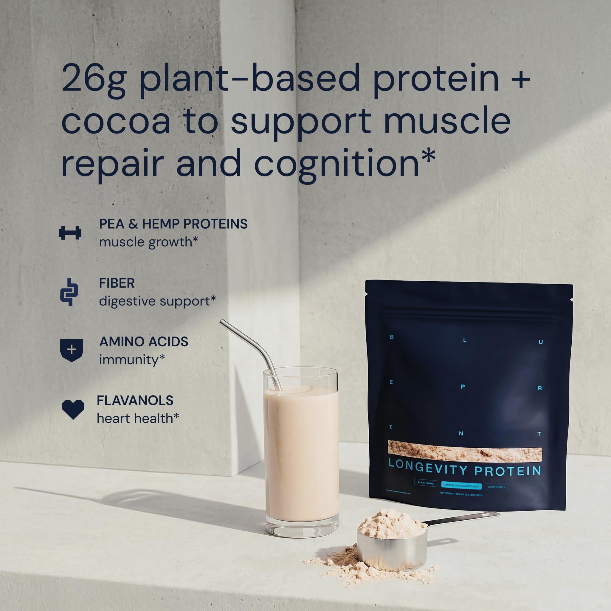 Mezcla batido Blueprint Bryan Johnson, proteína chocolate suave, sin grumos.