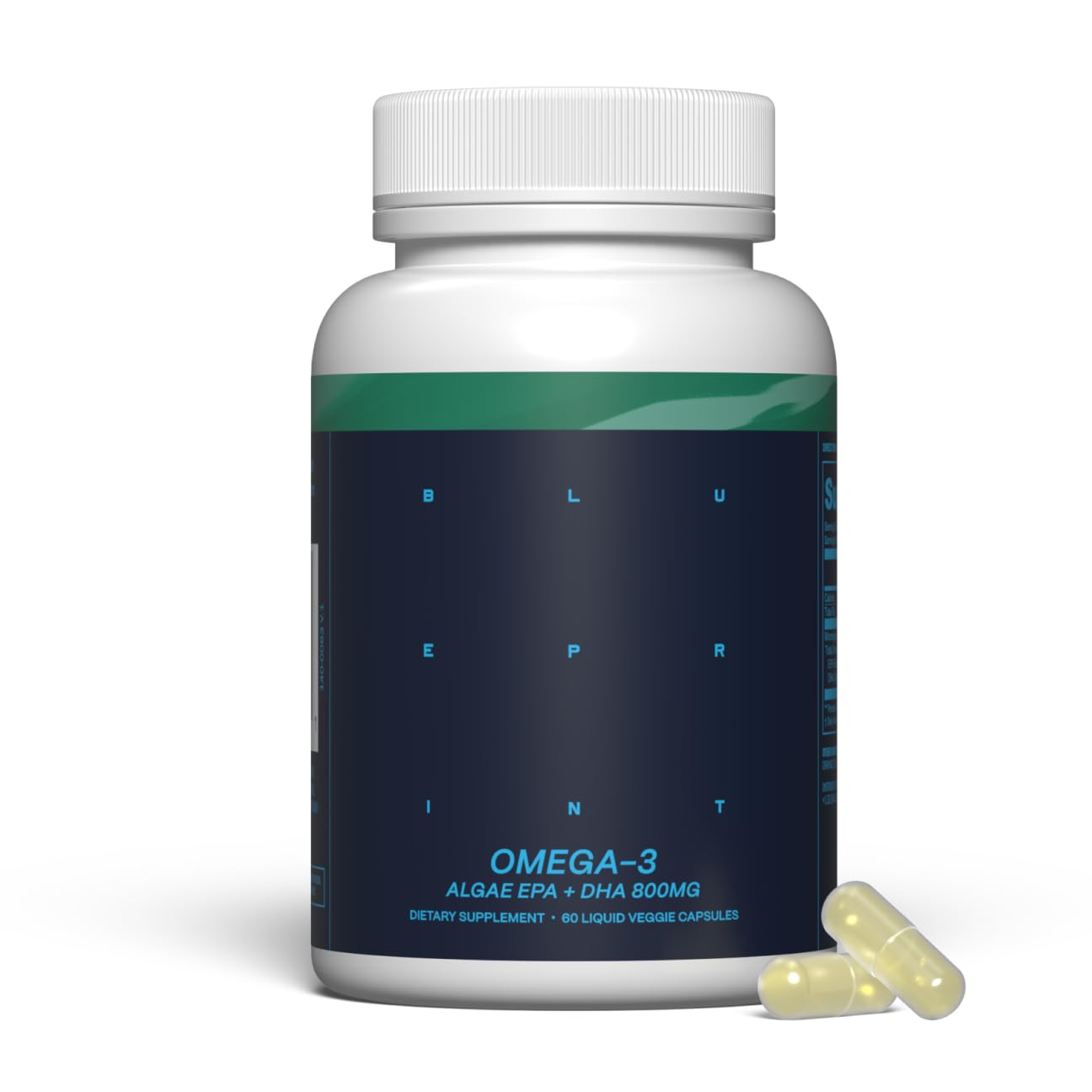 Botella Blueprint Bryan Johnson Omega3 con cápsulas veganas para apoyar la cognición y la circulación.