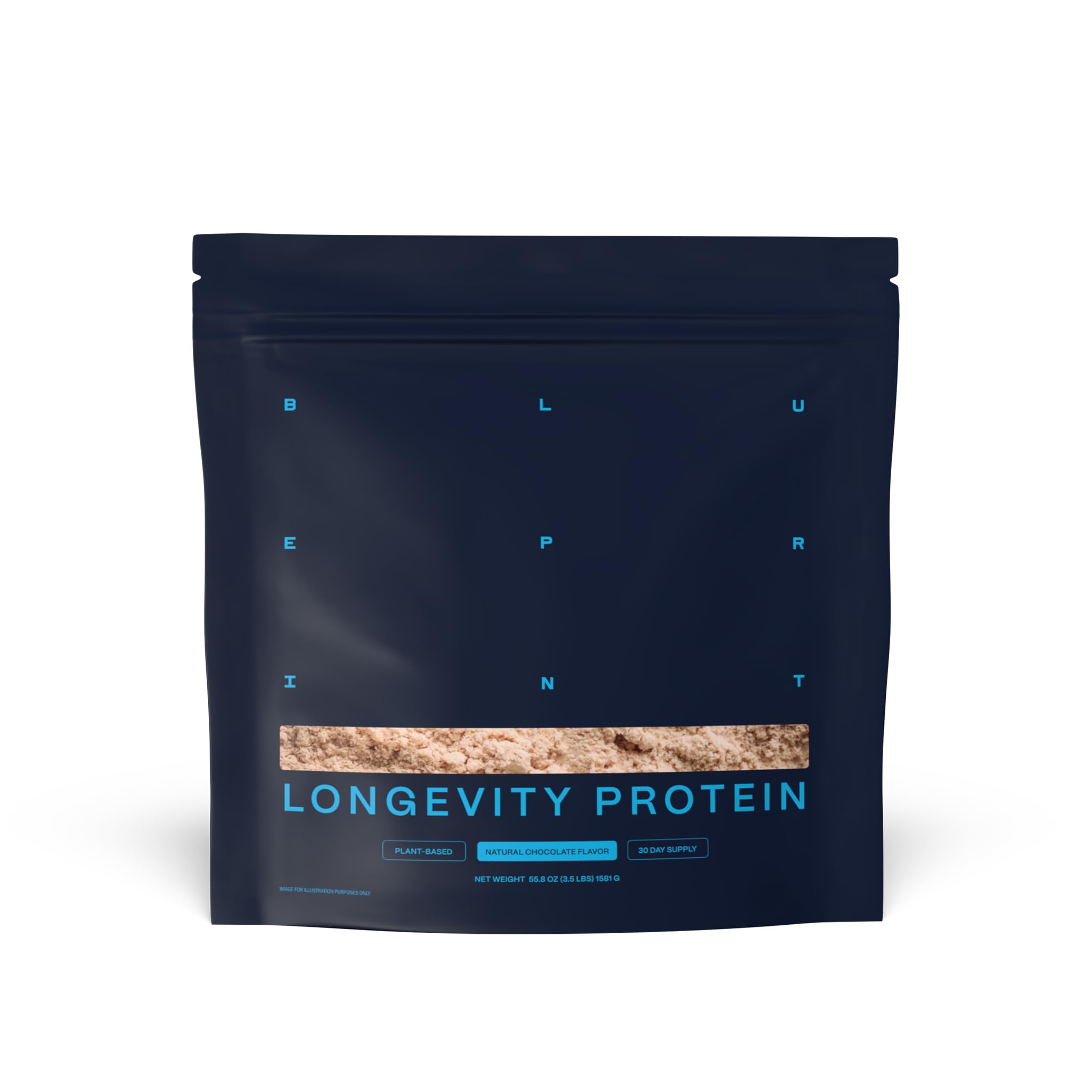 Blueprint Bryan Johnson polvo proteína chocolate en pote, sabor natural para batidos diarios.