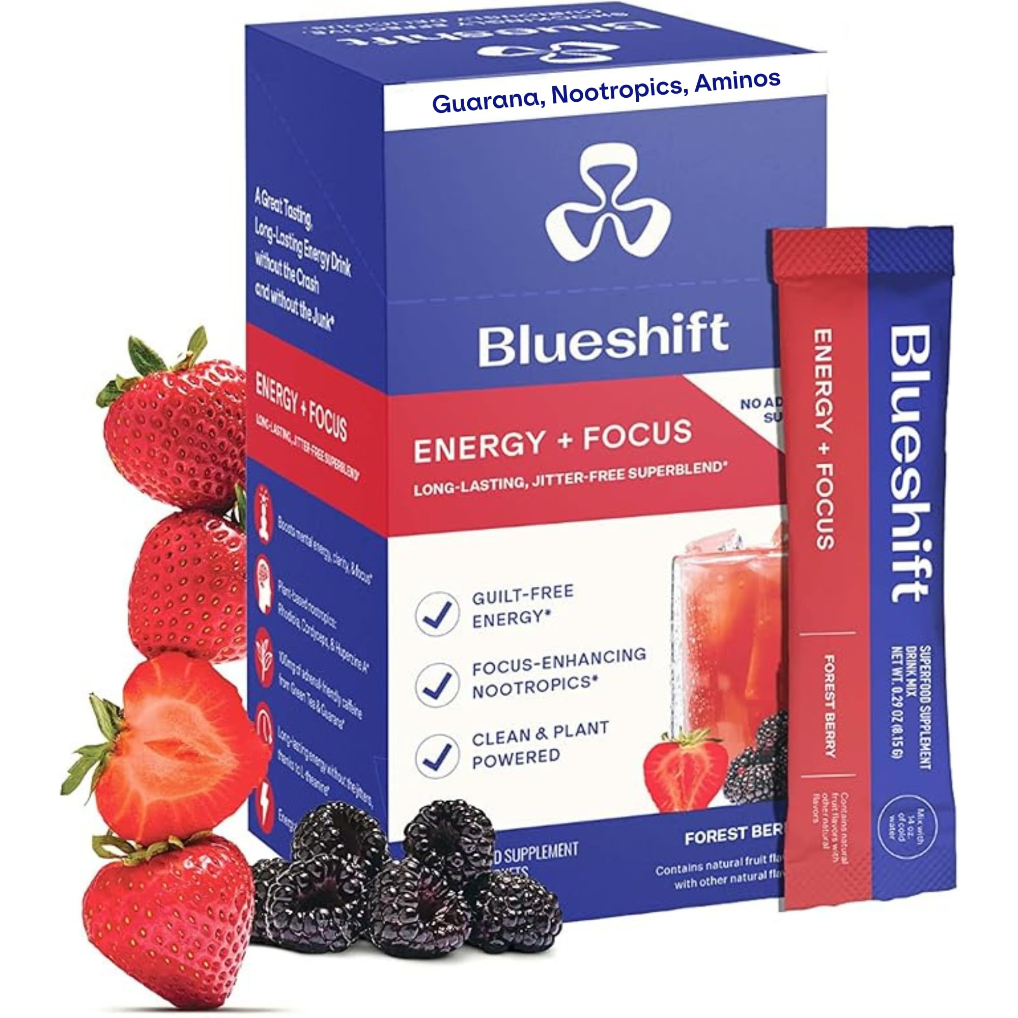 Blueshift Energía y Enfoque: paquetes individuales para energía sostenida sin azúcar.