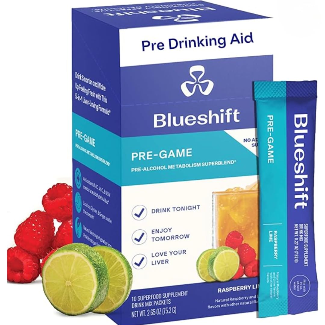 Blueshift Pre-Game con sobre frambuesa-lima, hidratación rápida y sabor natural.