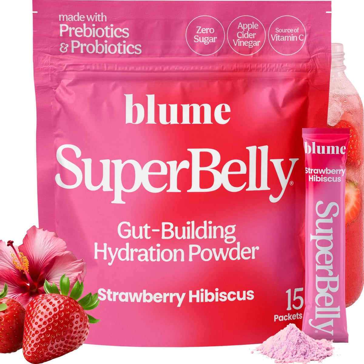 Blume Superebelly sabor limonada rosada para hidratarse y apoyar la digestión.