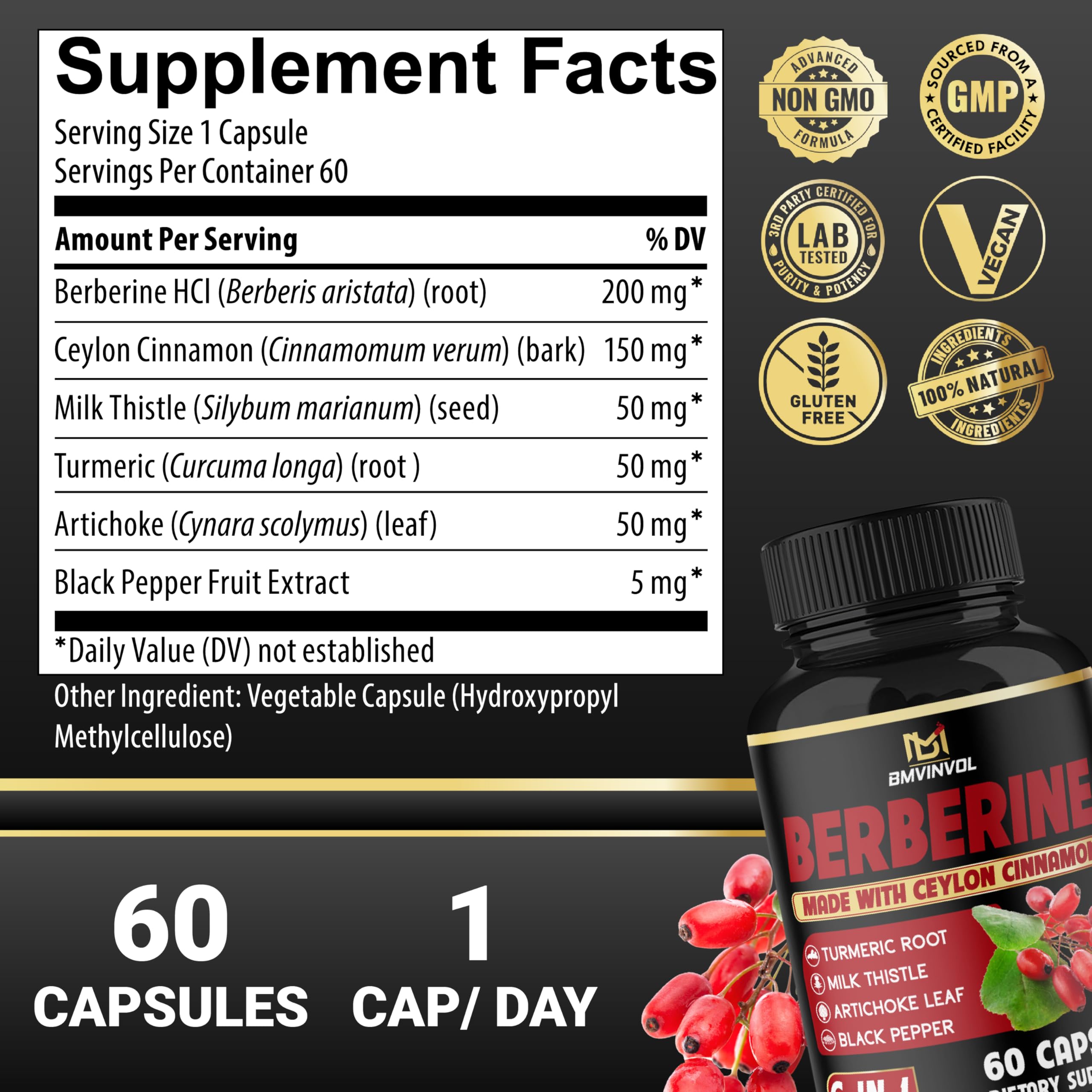 BMVINVOL berberina con cúrcuma en cápsula para apoyo digestivo.