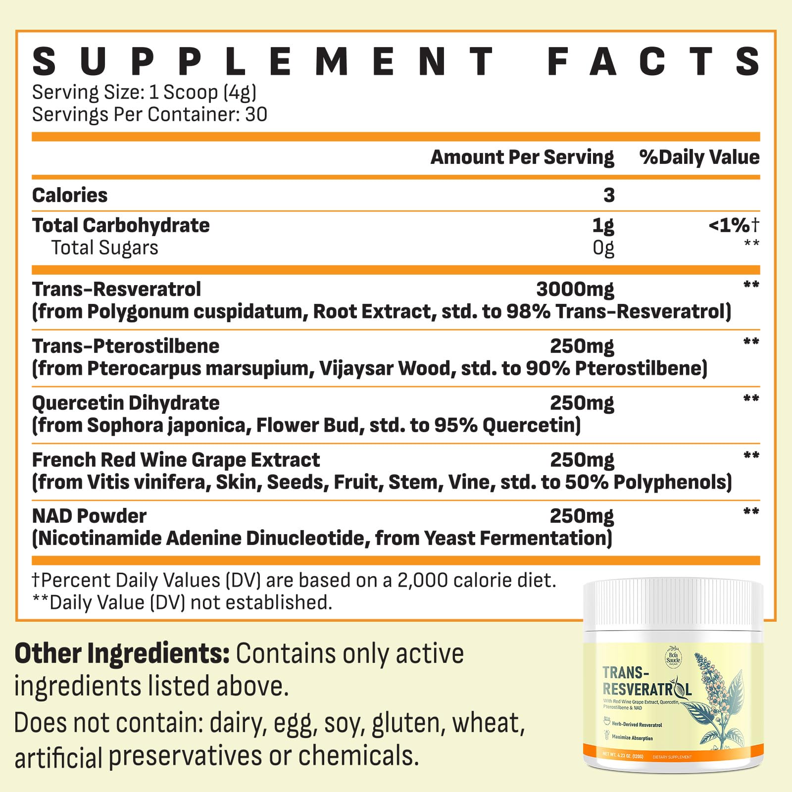 Etiqueta de BoaSaude Trans-Resveratrol con ingredientes premium