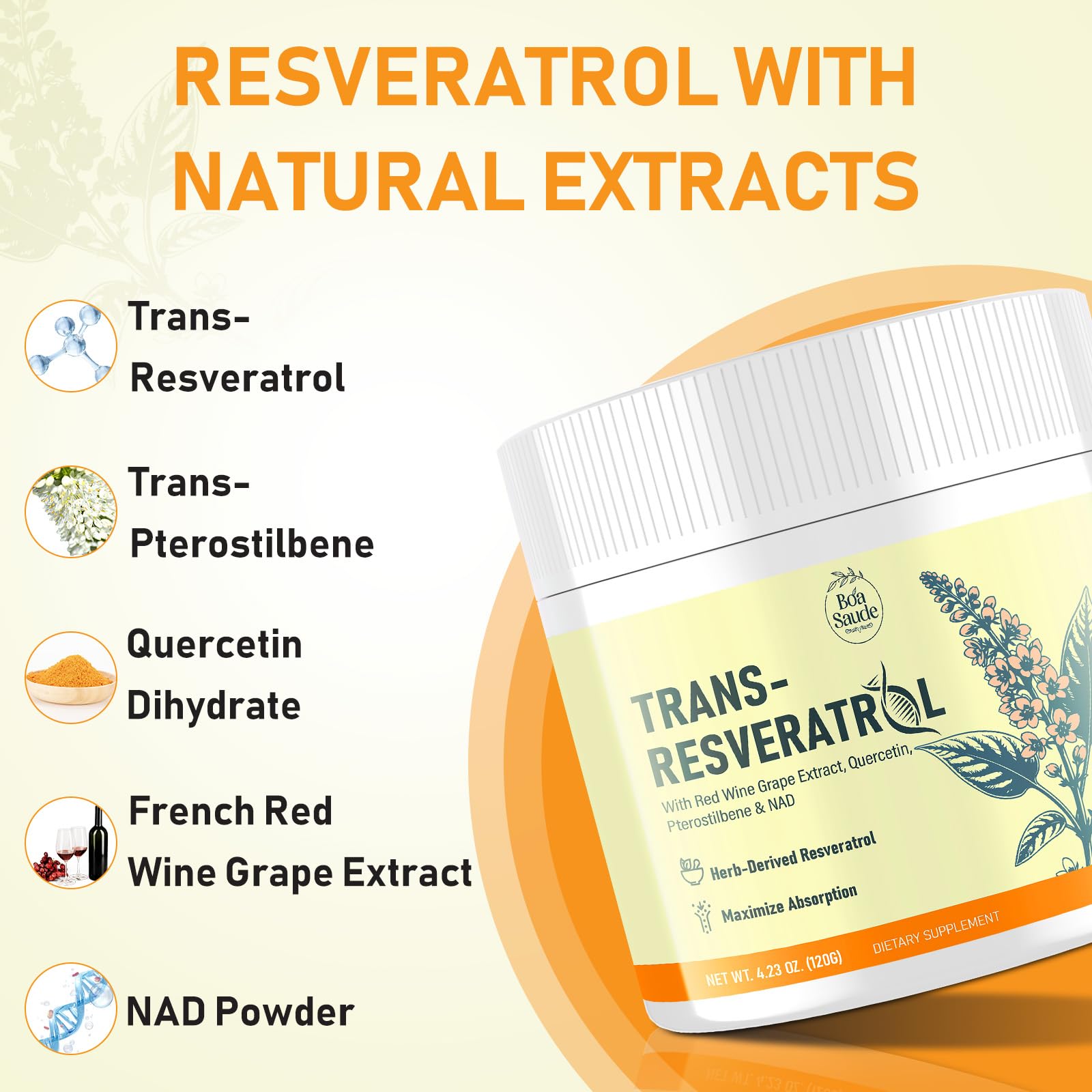 Polvo fino de BoaSaude Trans-Resveratrol para mezclar fácilmente