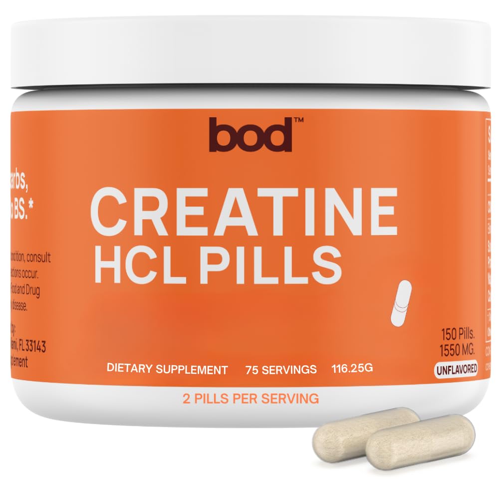 Botella Bod creatina HCL con cápsulas fáciles de tomar para entrenamiento diario.