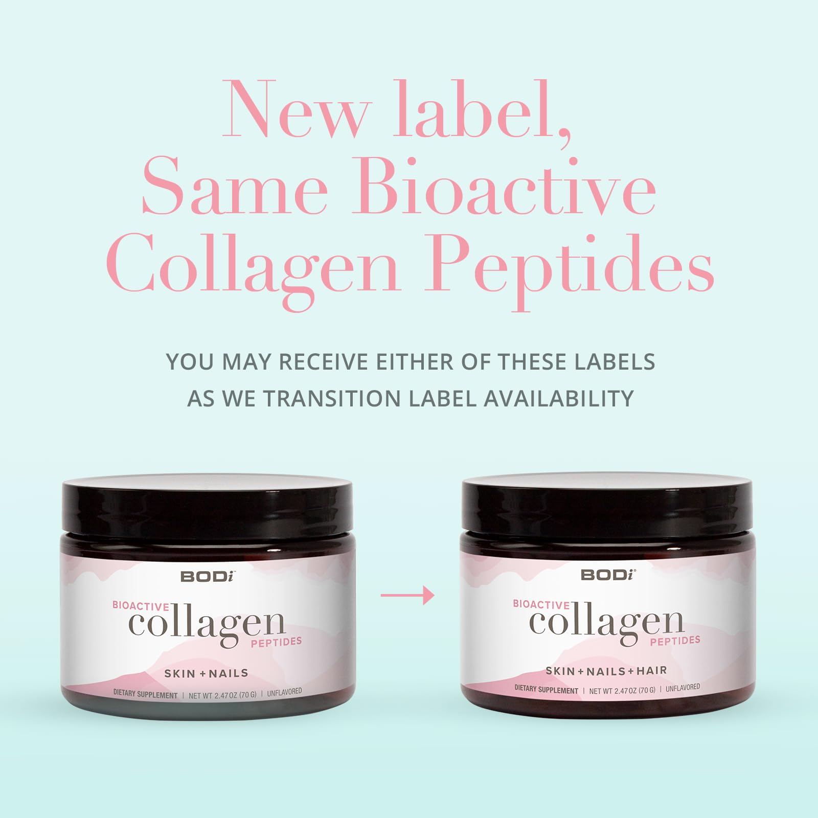 BODi Bioactive Collagen Peptides, polvo y cucharita medidora en primer plano