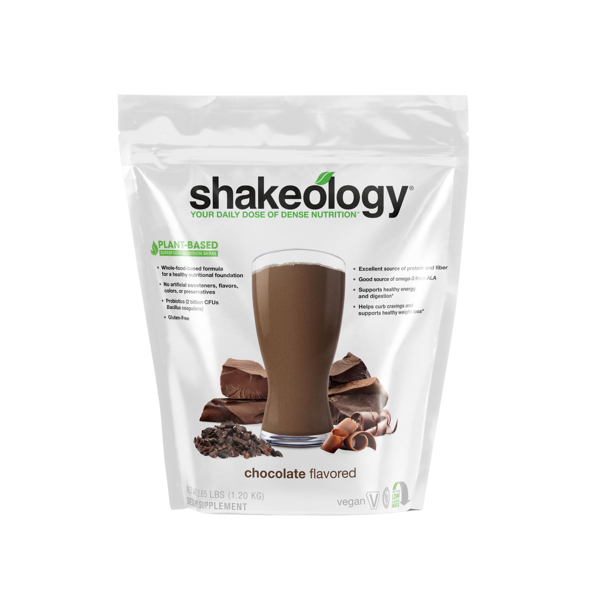 BODi Shakeology chocolate, envase de proteína vegetal, ideal para saciar hambre con energía estable.