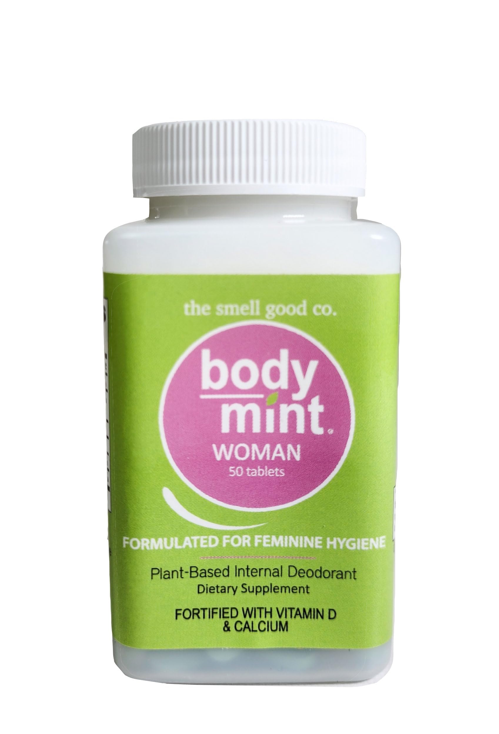 Body Mint Woman muestra la botella con 50 tabletas para frescura diaria desde adentro