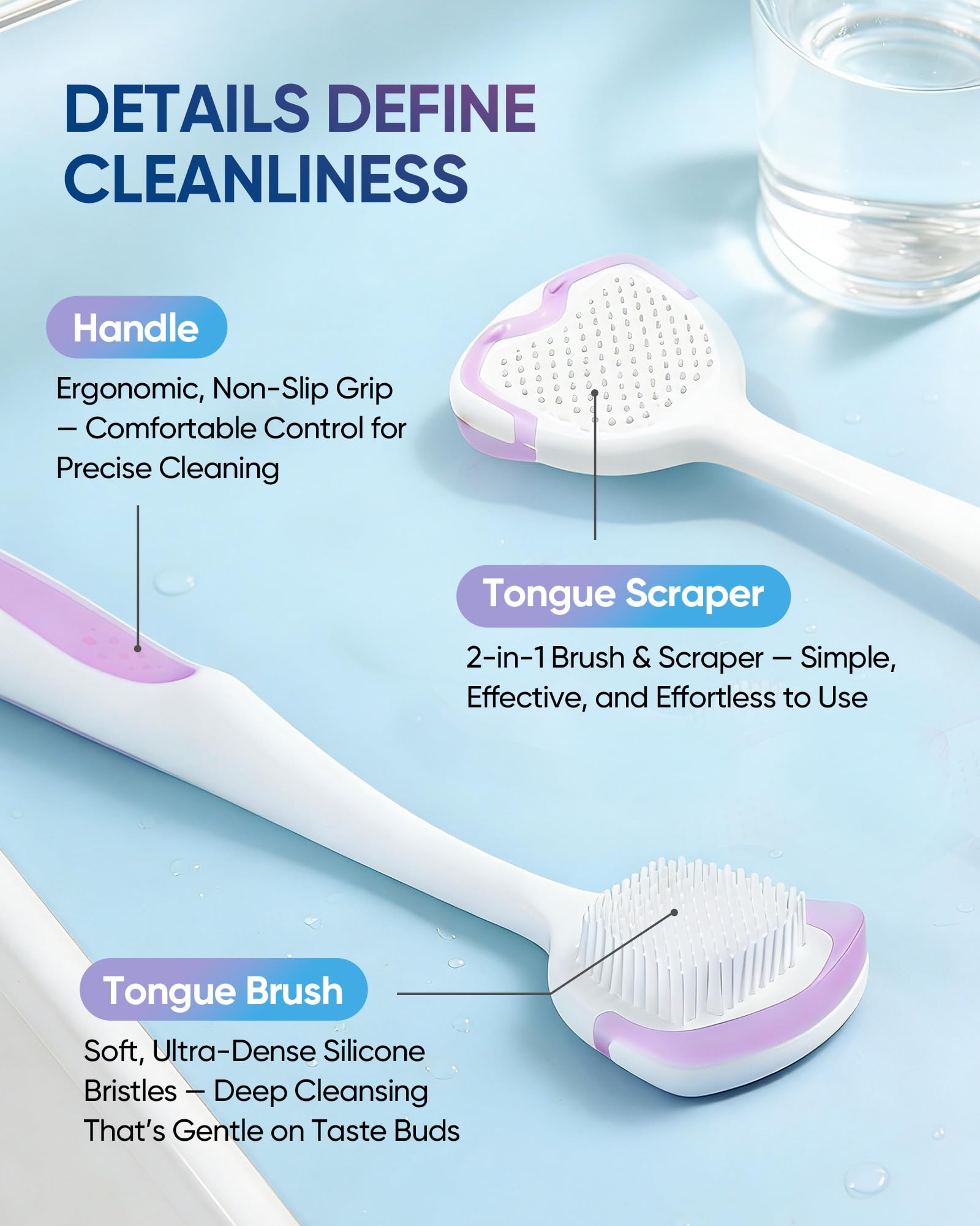 BodyAccel elimina residuos de la lengua para un aliento más fresco.