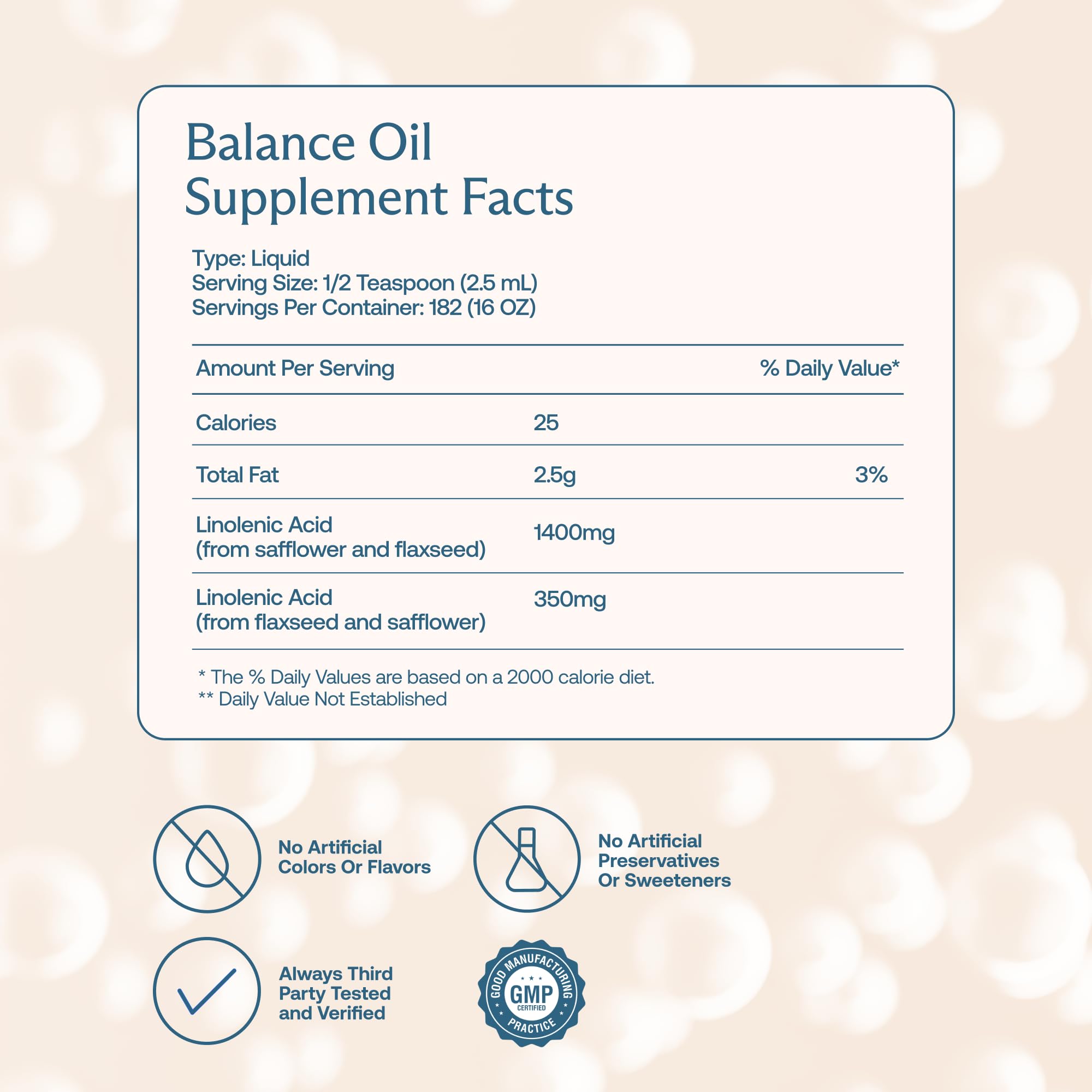 BodyBio Balance Oil: etiqueta clara con ingredientes y proporción omega.