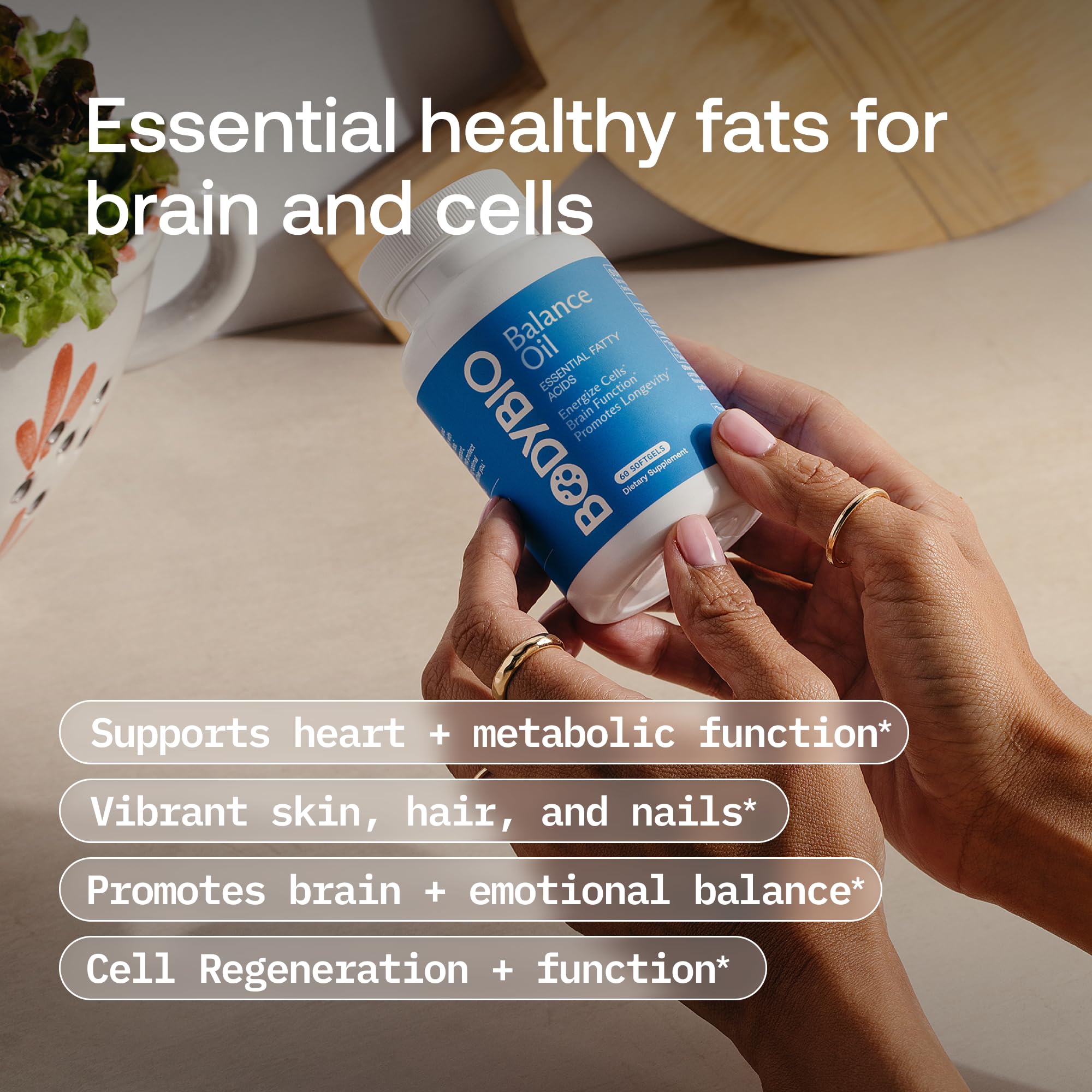 BodyBio Balance Oil: caja de empaque, presentación lista para venta.