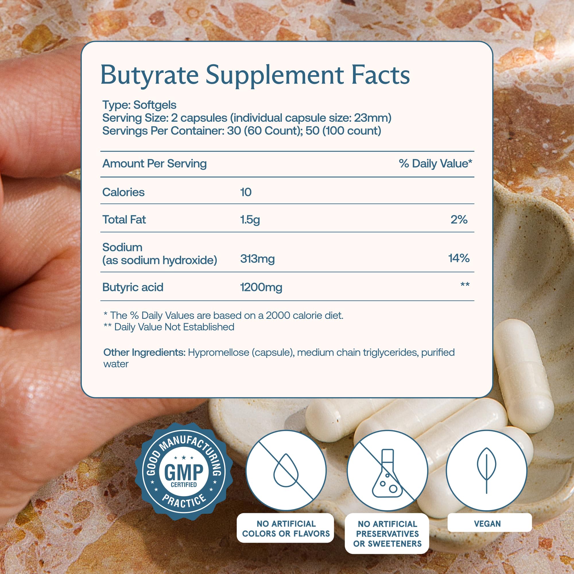 BodyBio Butirato etiqueta clara muestra pureza y apoyo a la barrera intestinal