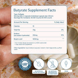 BodyBio Butirato etiqueta clara muestra pureza y apoyo a la barrera intestinal