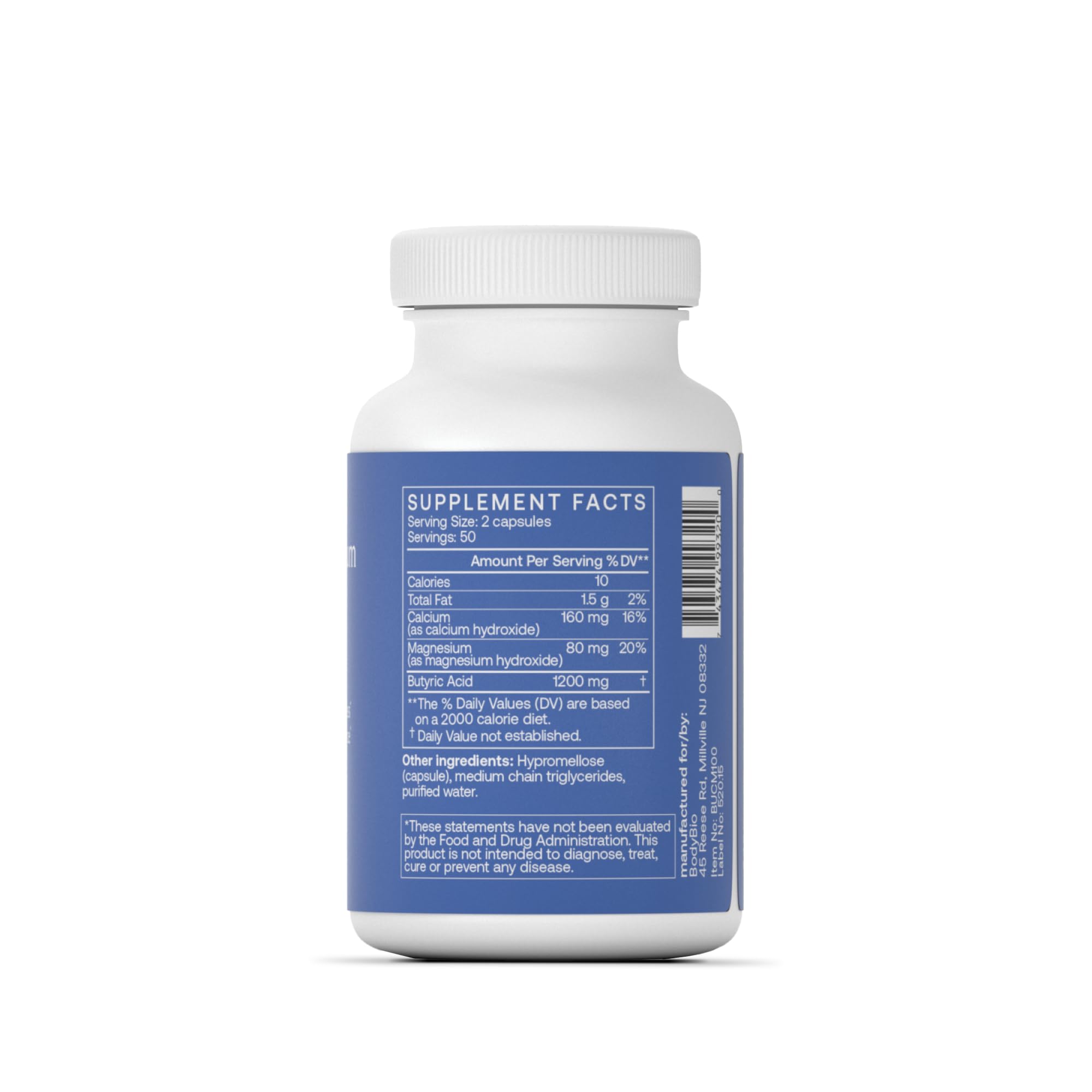 BodyBio Butirato, etiqueta detallada, transparencia de ingredientes.