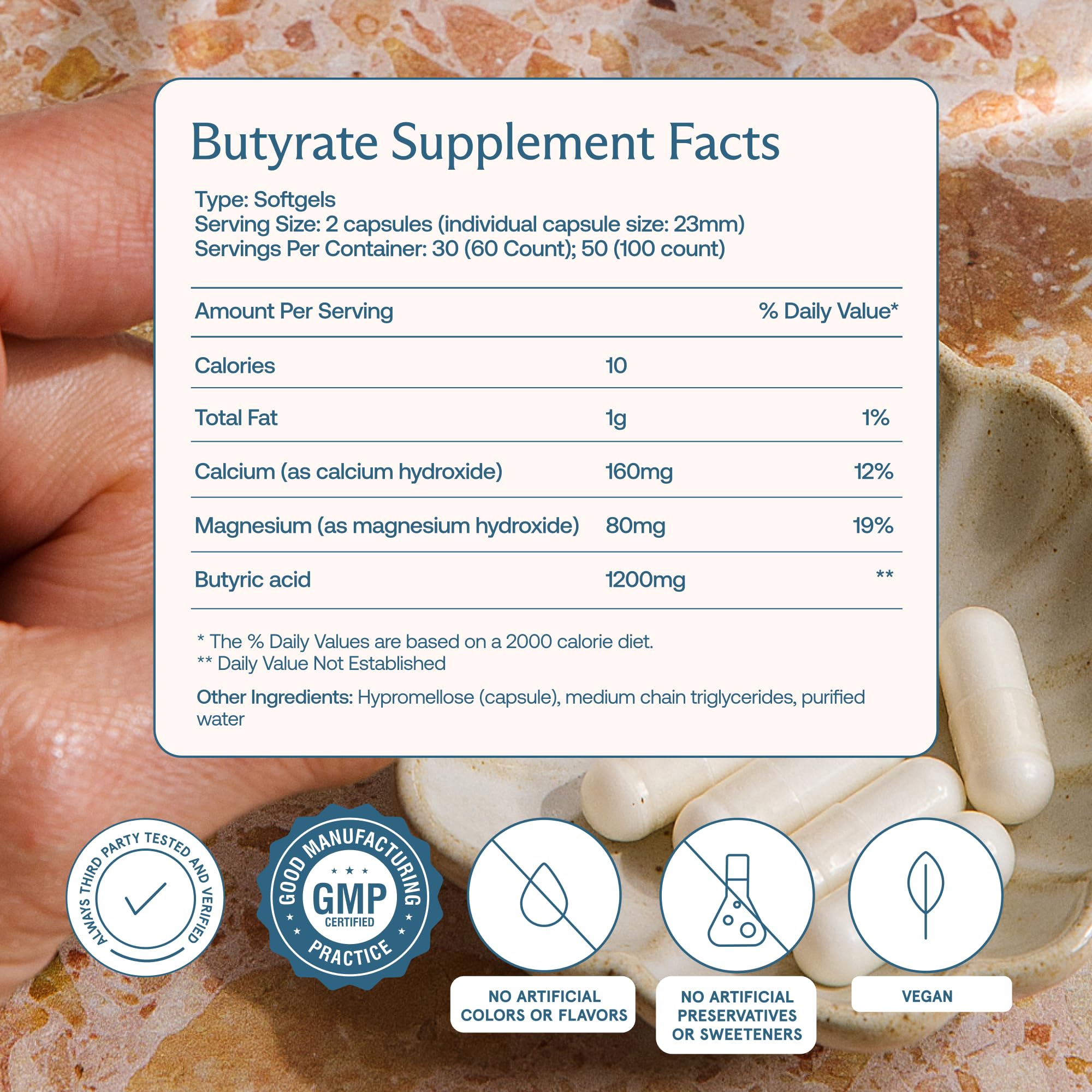 BodyBio Butirato primer plano de cápsulas que apoyan la digestión.