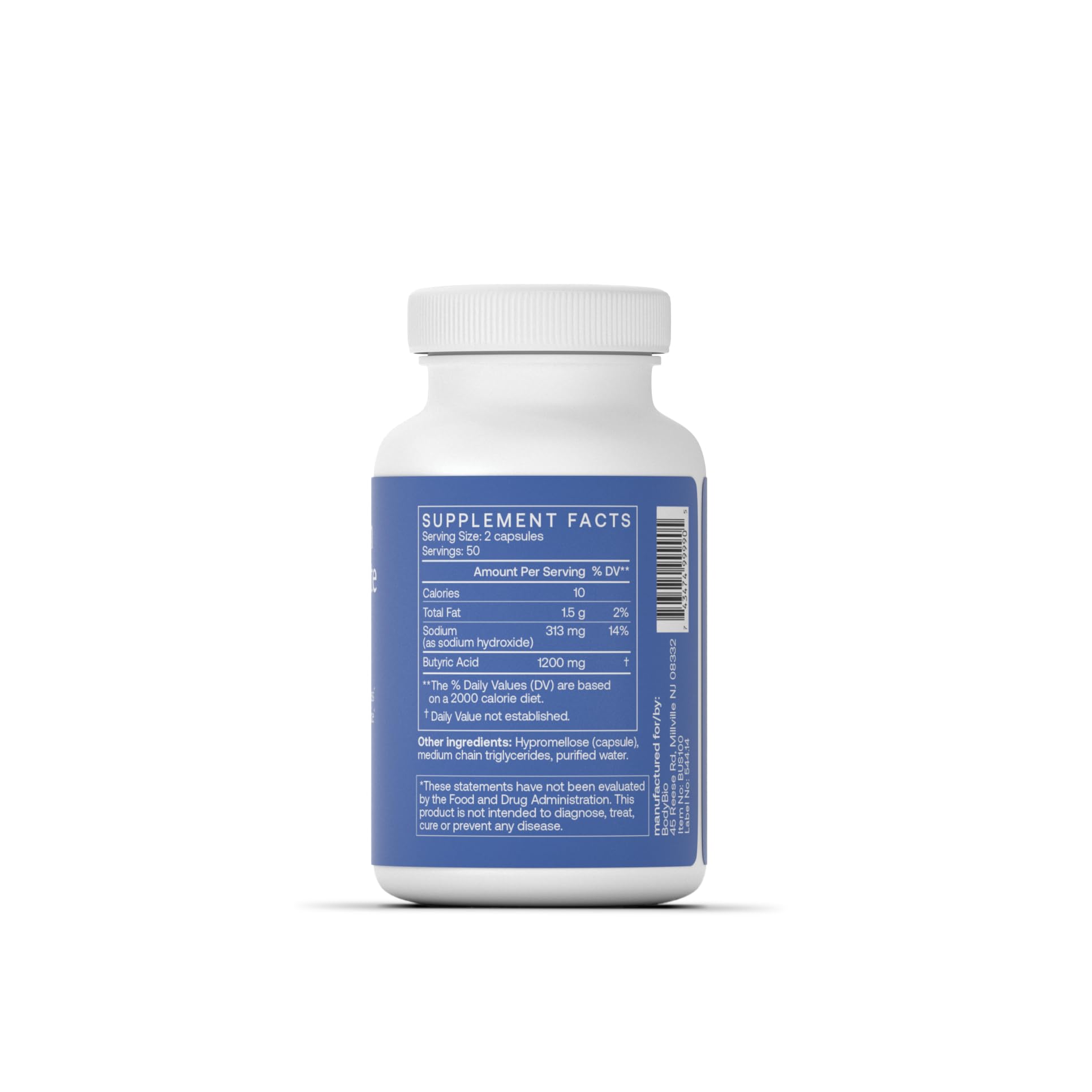 BodyBio Butyrate: botella de vidrio ambar para mantener la efectividad.