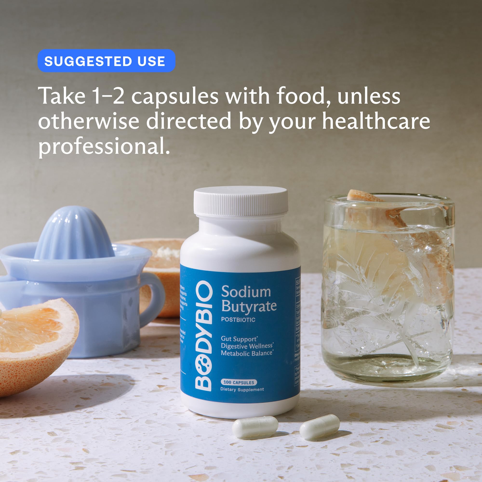 BodyBio Butyrate: dosis diaria para apoyo digestivo y confort intestinal.