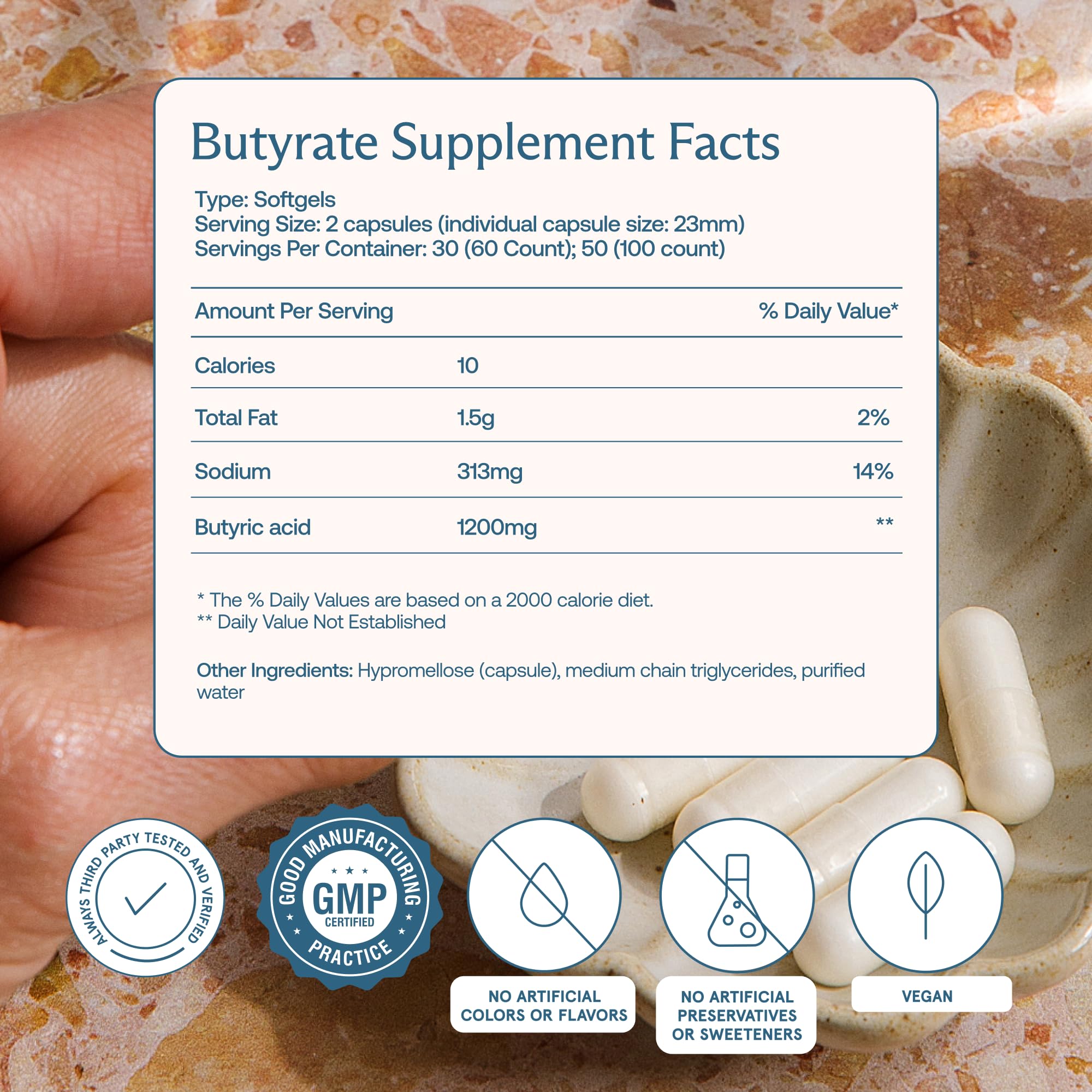 BodyBio Butyrate: etiqueta frontal clara para referencia rápida de usos.