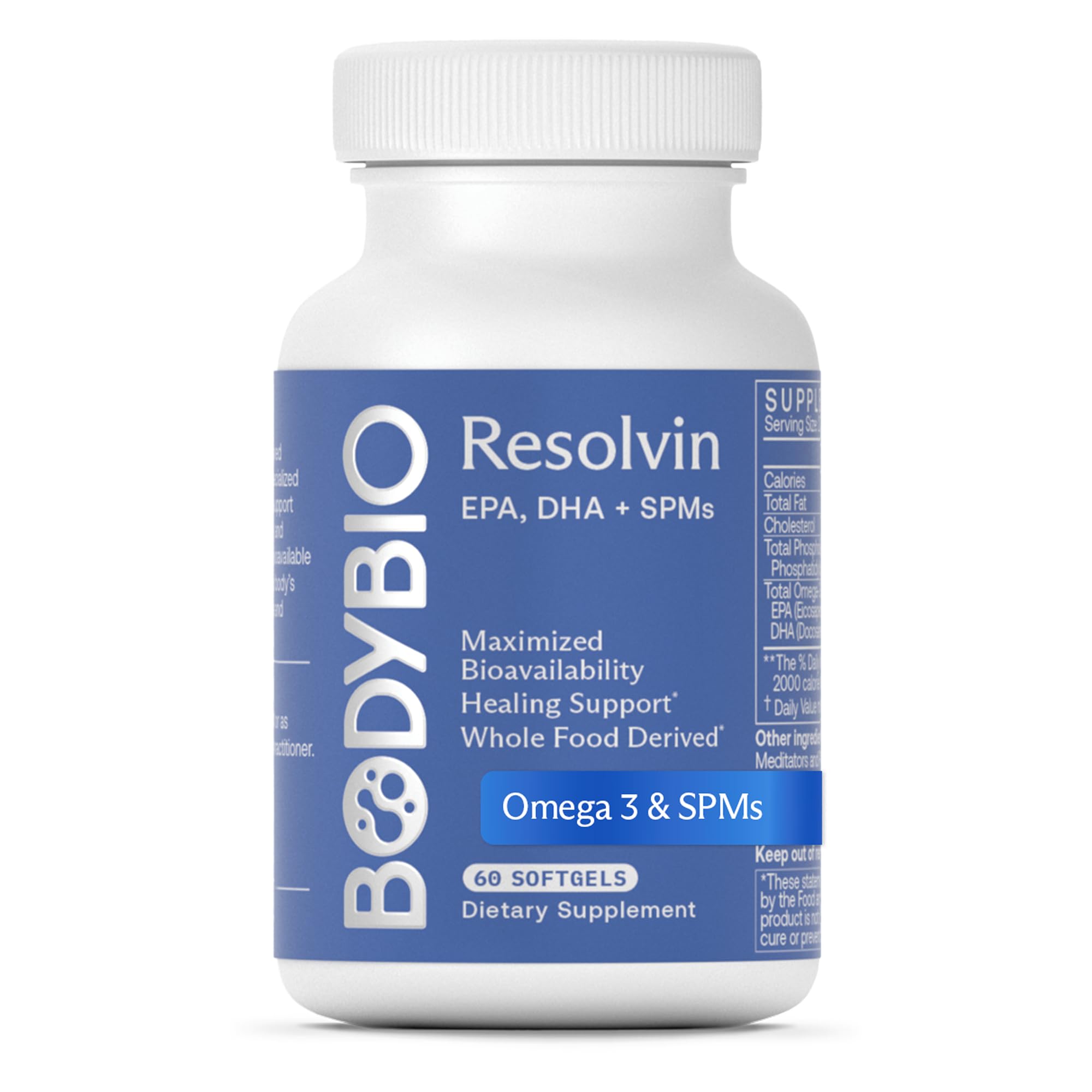 BodyBio Resolvin: botella visible, enfoque en un suplemento para apoyo de balance inflamatorio.
