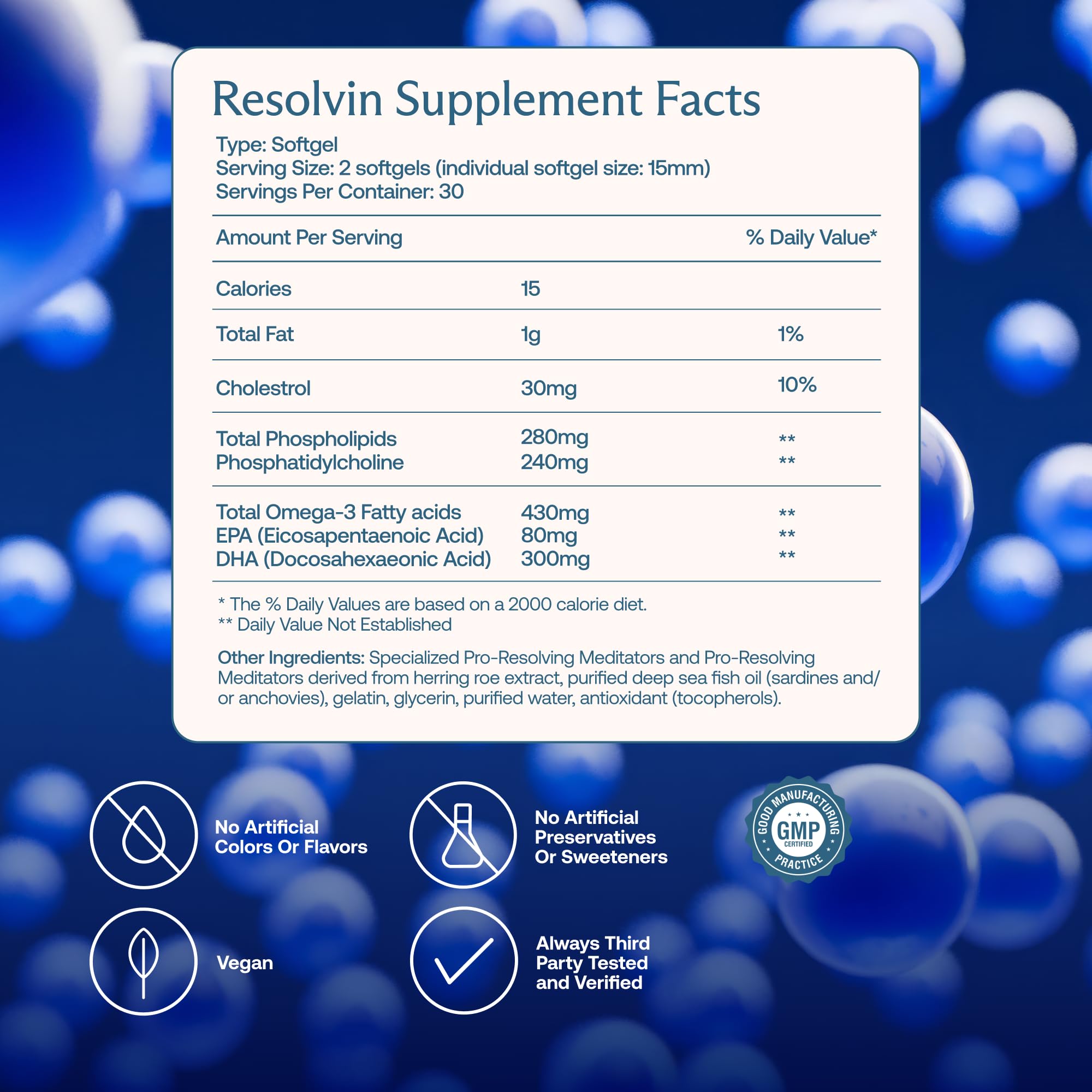 BodyBio Resolvin: cápsulas en primer plano, entrega diaria de nutrientes para apoyo general.