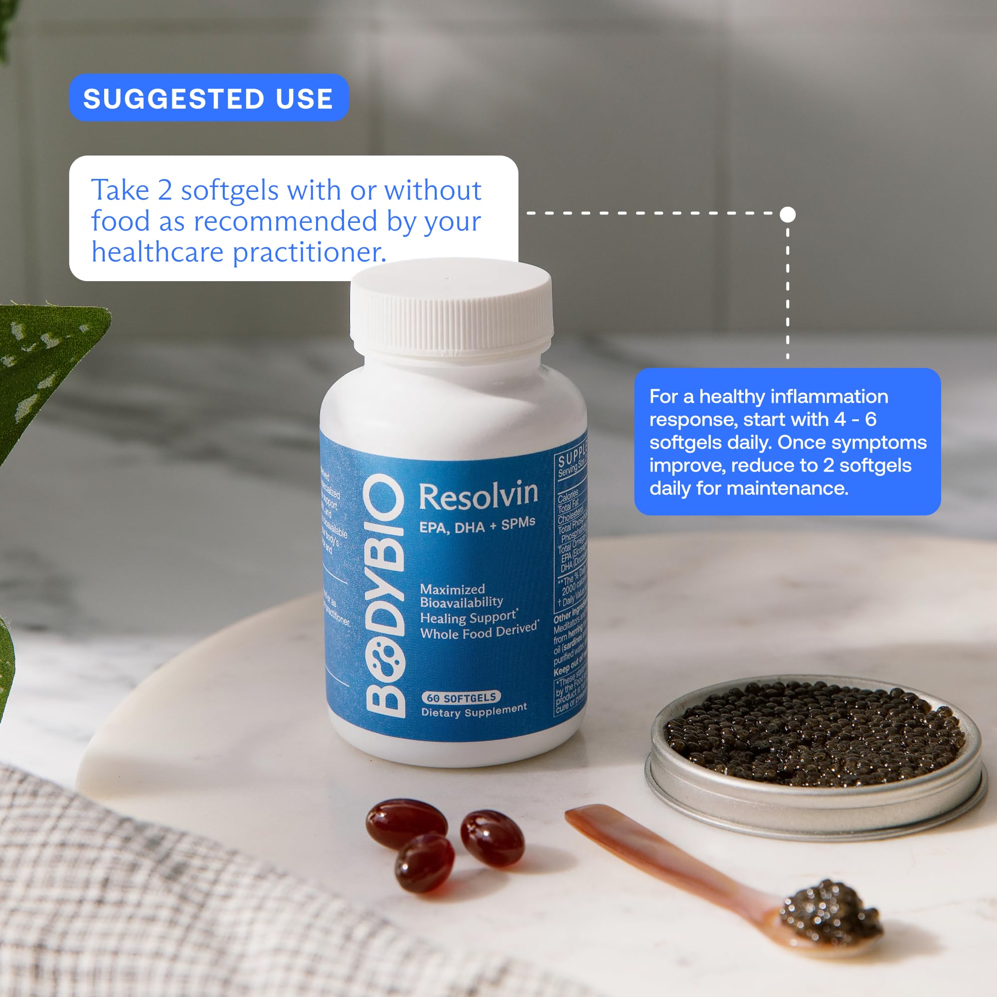 BodyBio Resolvin: diagrama de dosificación, guía visual para uso recomendado.