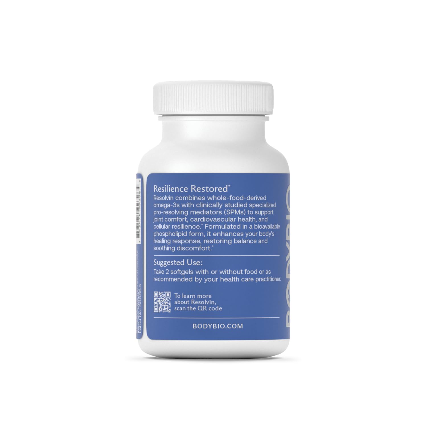 BodyBio Resolvin: etiqueta frontal, información clara sobre fuente natural y beneficios potenciales.