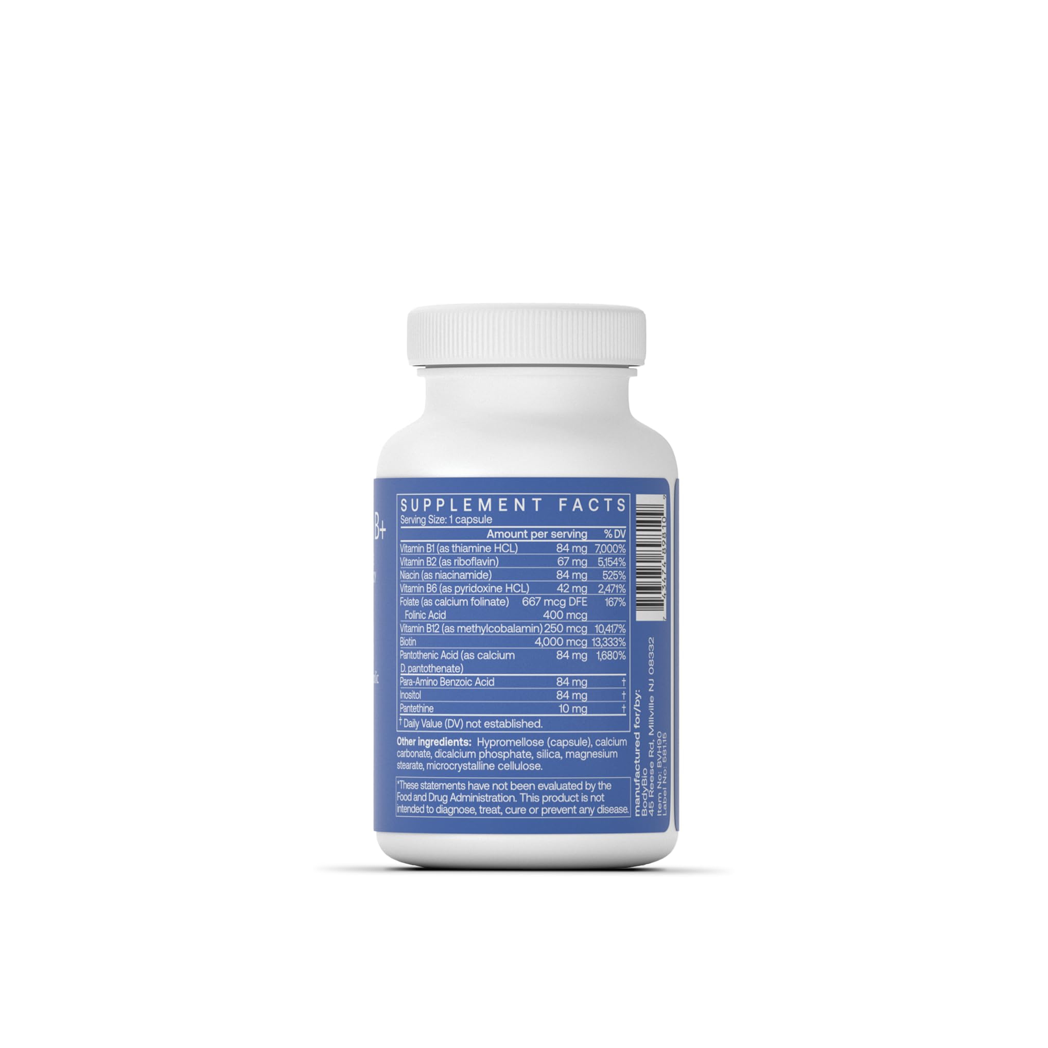 BodyBio Vitamina B+ envase, cápsulas fáciles de tragar para uso diario.