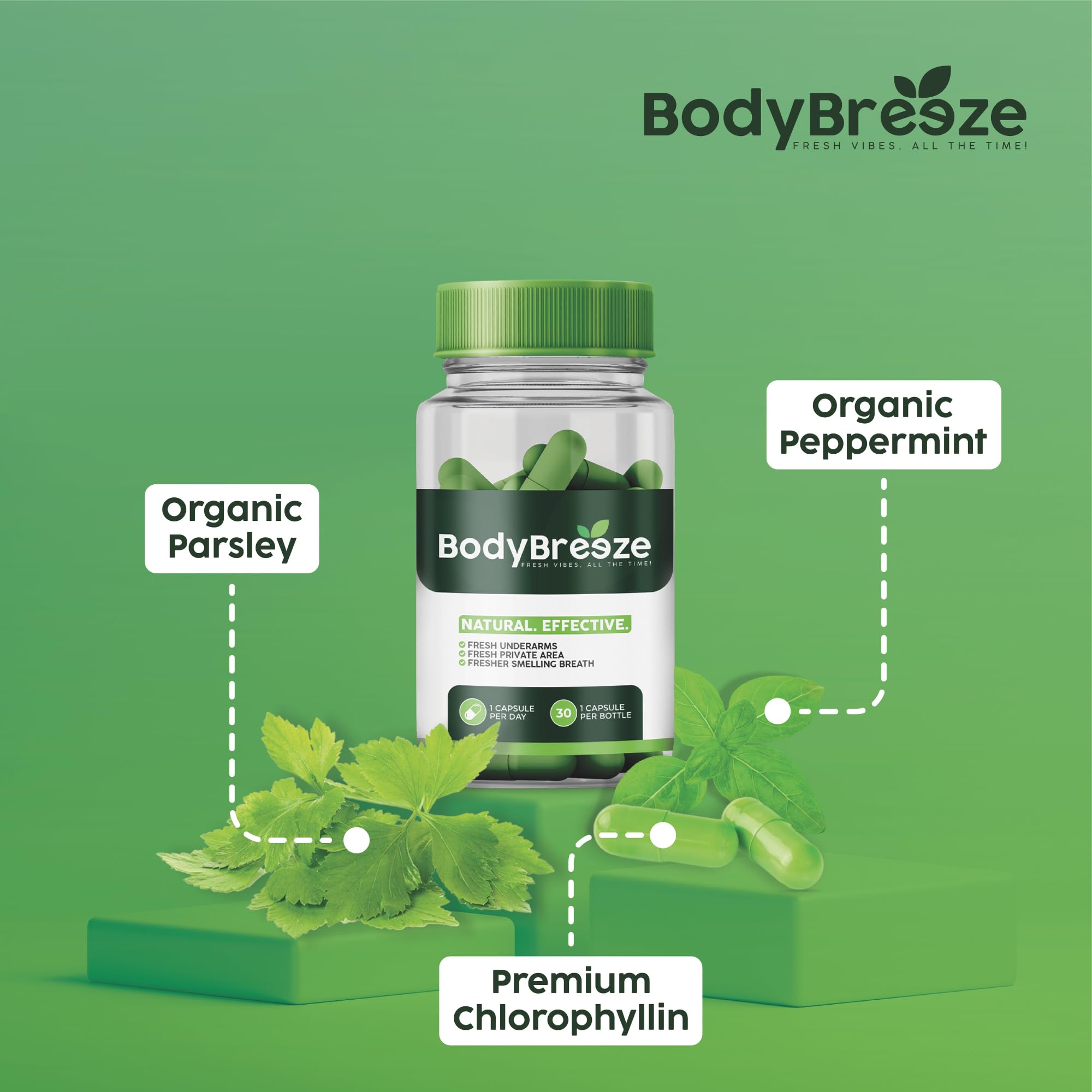 BodyBreeze: primer plano de la botella, muestra formato diario de cápsulas.