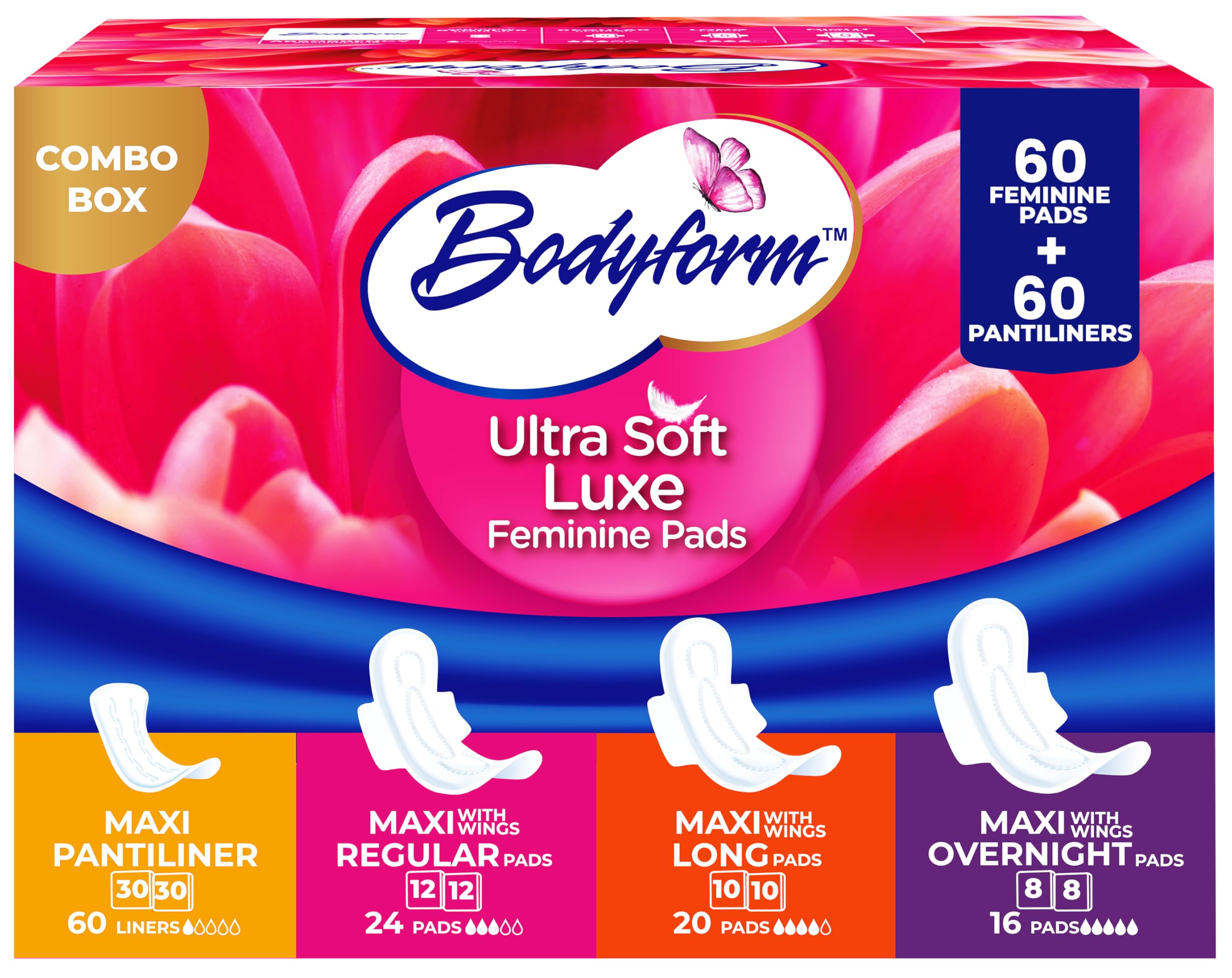Bodyform Luxe almohadillas ultrasuaves con capa superior acolchada para mayor comodidad.