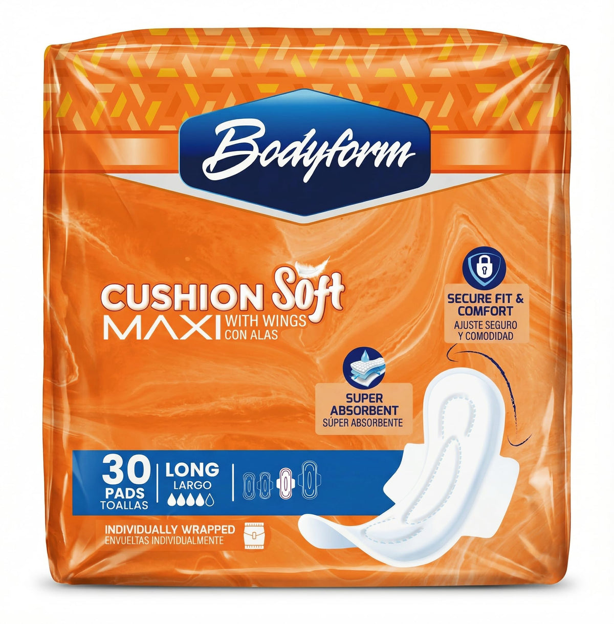 Bodyform Maxi, nucleo-antiderrame-avanzado para mayor sequedad diaria.