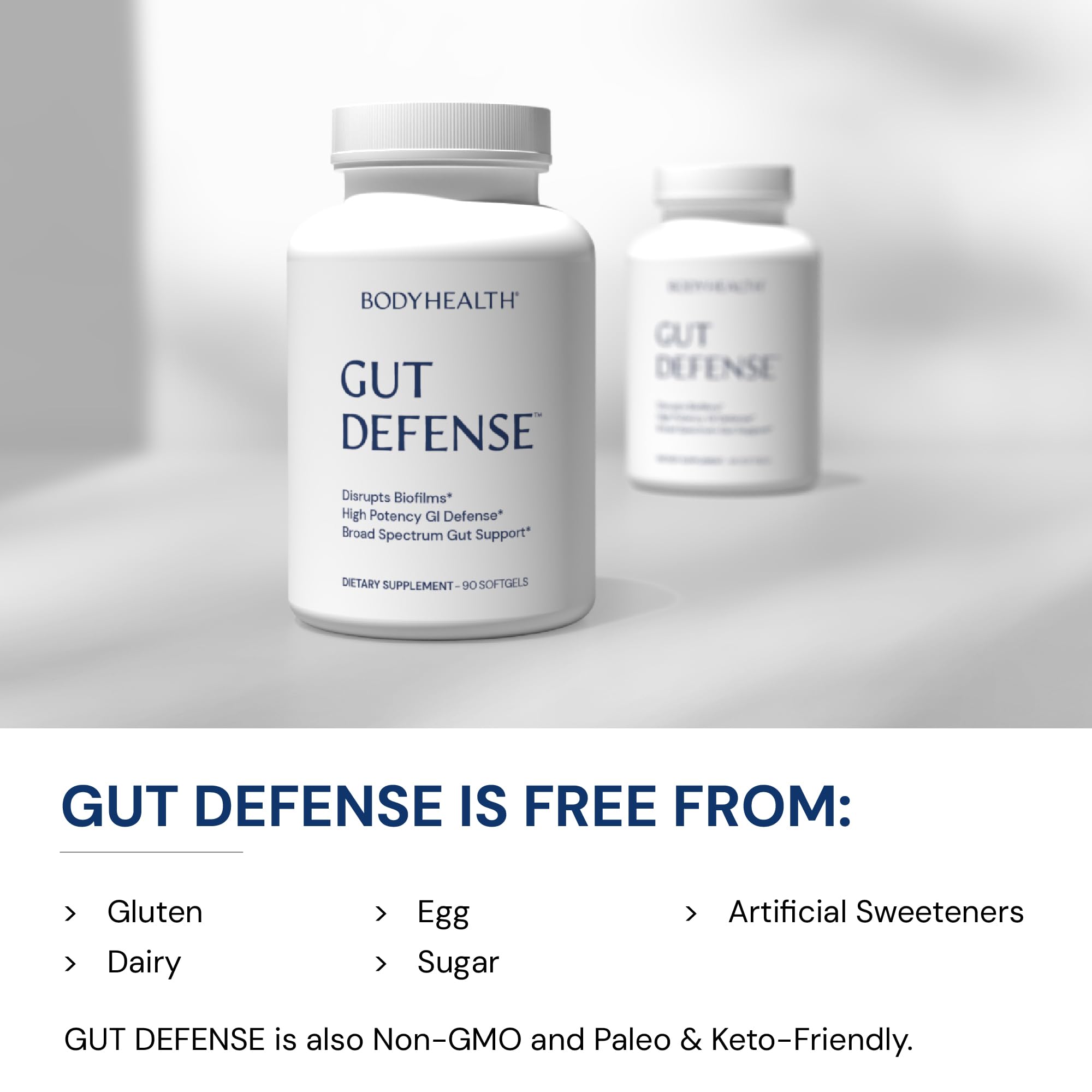 BodyHealth Gut Defense, uso diario en mano, ideal para bienestar intestinal.