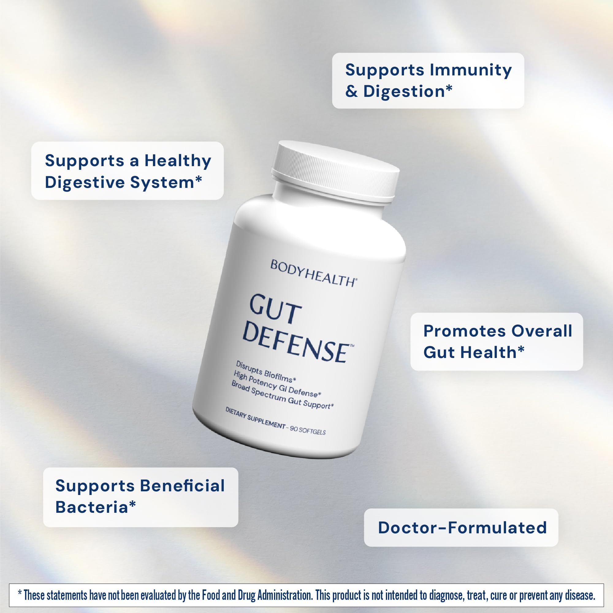 BodyHealth Gut Defense, vertido de cápsulas suaves, uso diario para apoyo digestivo.