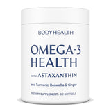 BodyHealth Omega3 cápsulas suaves en botella, apoyo diario para el bienestar.