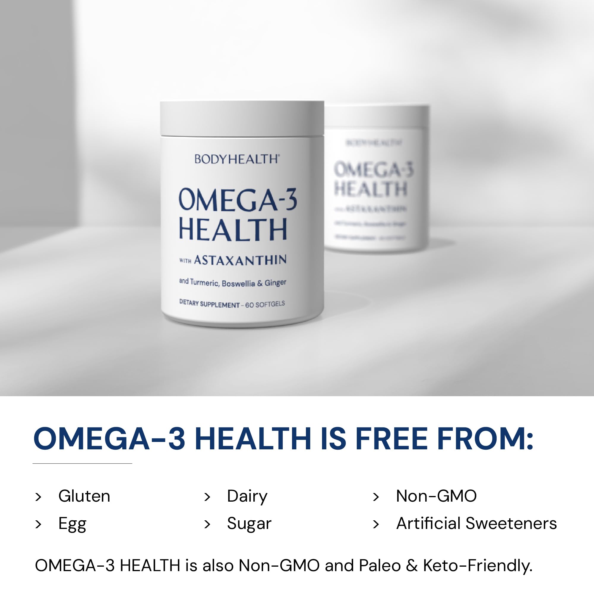 BodyHealth Omega3 etiqueta frontal, lectura clara de ingredientes para más confianza.