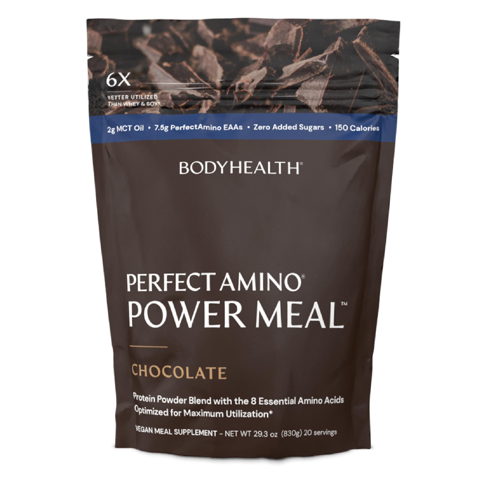 BodyHealth PerfectAmino Batido de Reemplazo Nutricional sabor chocolate oscuro con MCT para energía sostenida.