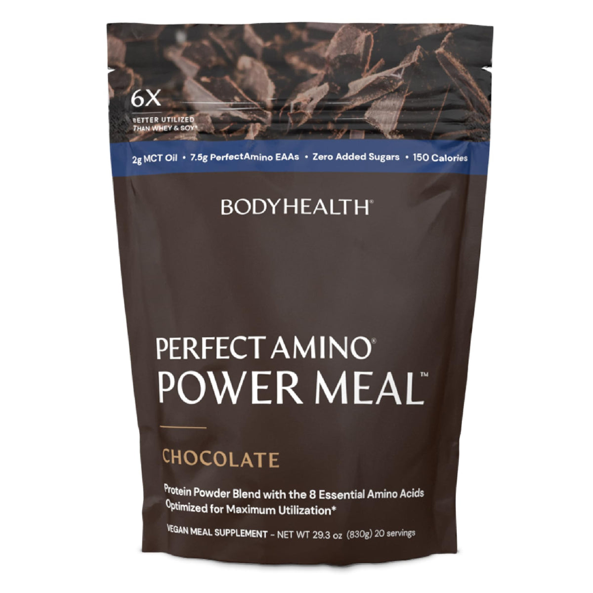 BodyHealth PerfectAmino Batido de Reemplazo Nutricional sabor chocolate oscuro con MCT para energía sostenida.