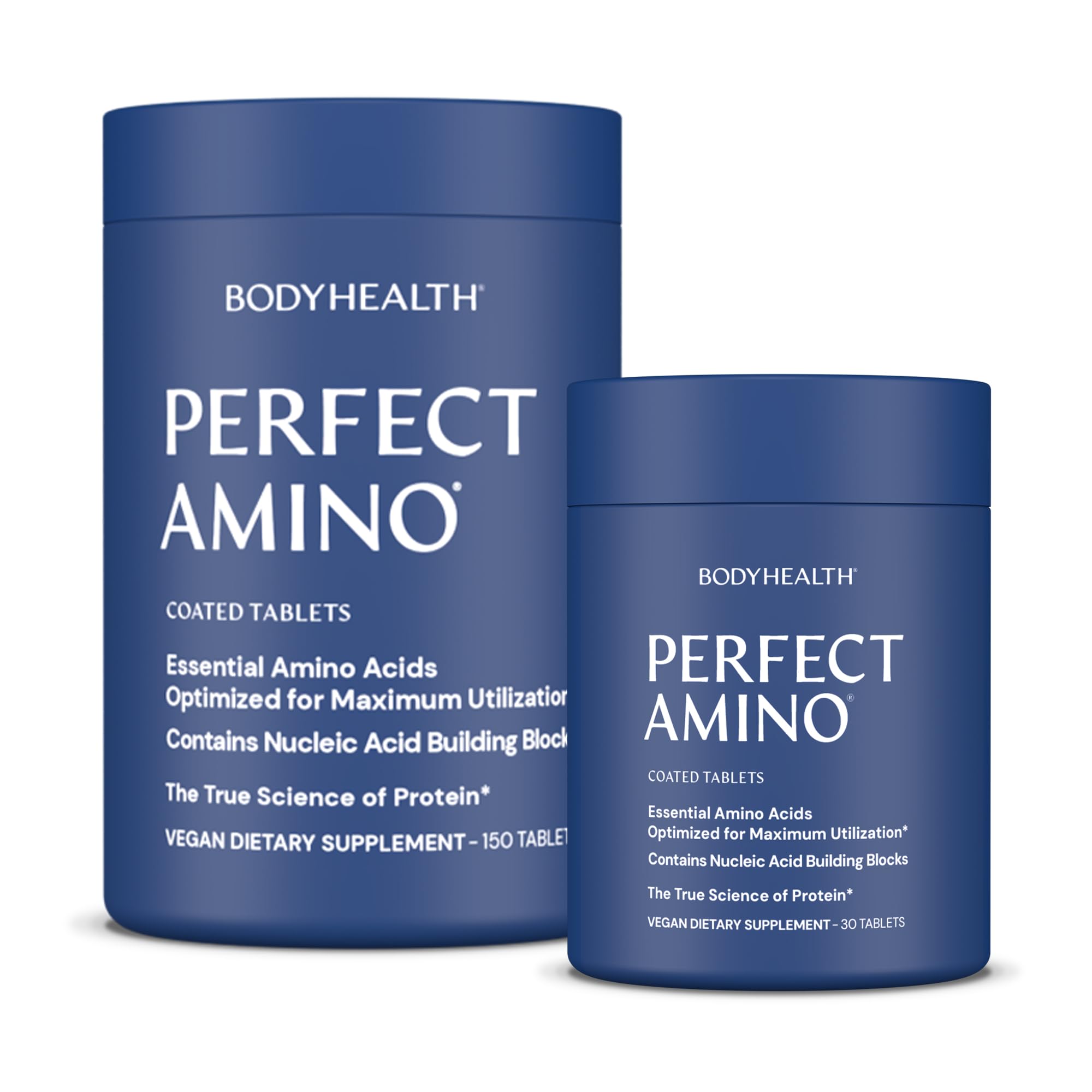 BodyHealth PerfectAmino: botella con tabletas fáciles de tragar para recuperación muscular.