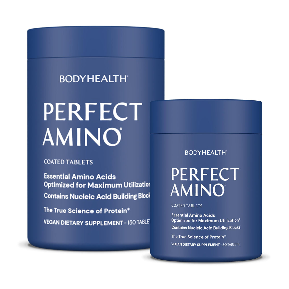 BodyHealth PerfectAmino: botella con tabletas fáciles de tragar para recuperación muscular.