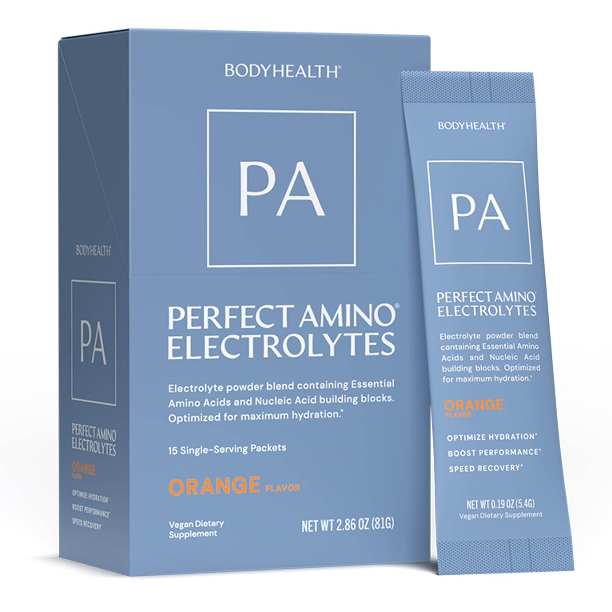 BodyHealth PerfectAmino electrolito naranja, stick-pack, hidrata durante entrenamientos.