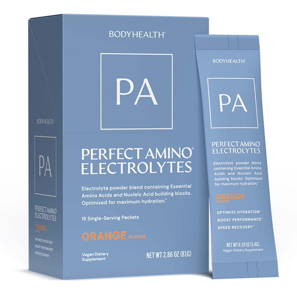 BodyHealth PerfectAmino electrolito naranja, stick-pack, hidrata durante entrenamientos.