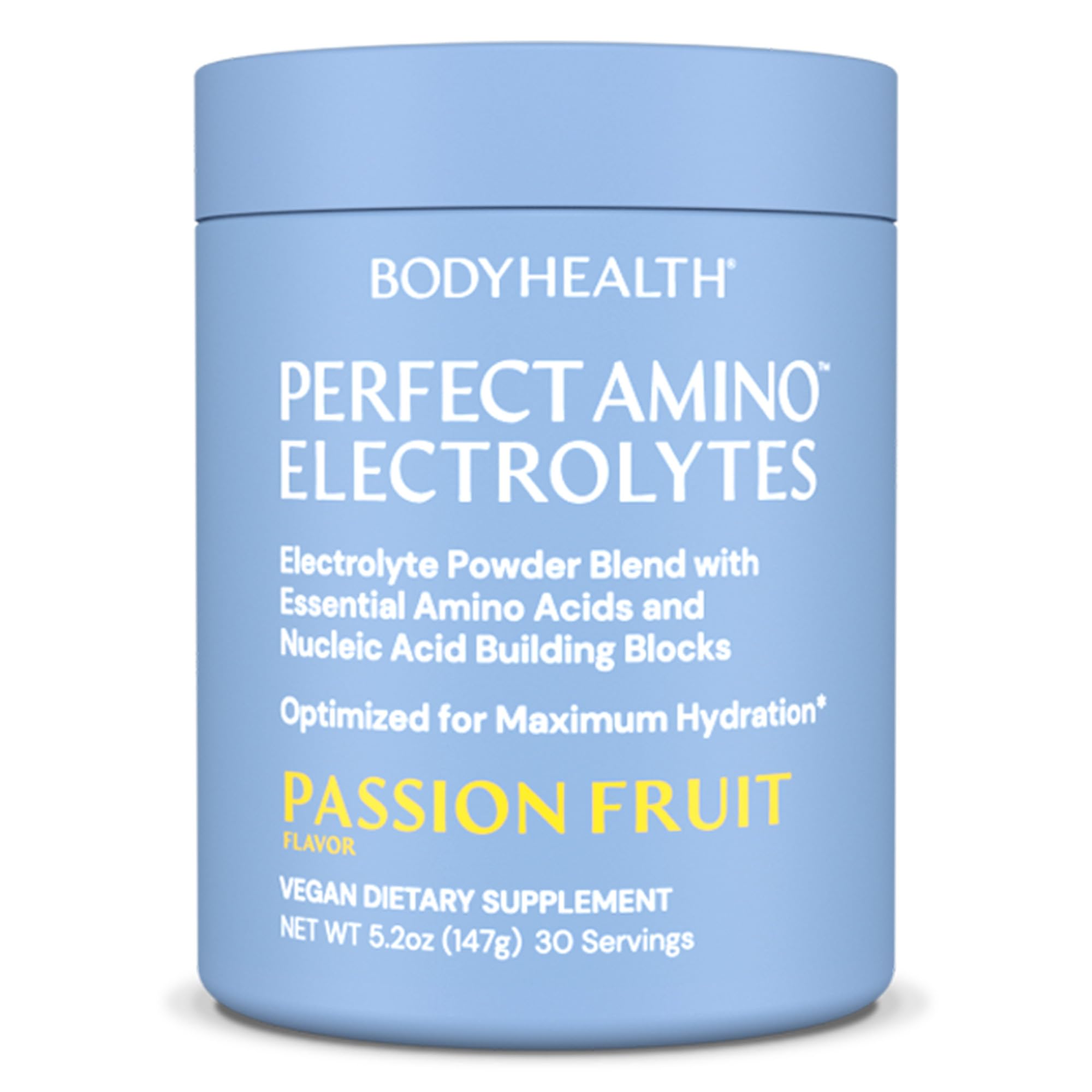 BodyHealth PerfectAmino Electrolytes, bote frontal, hidratación duradera para entrenamientos.