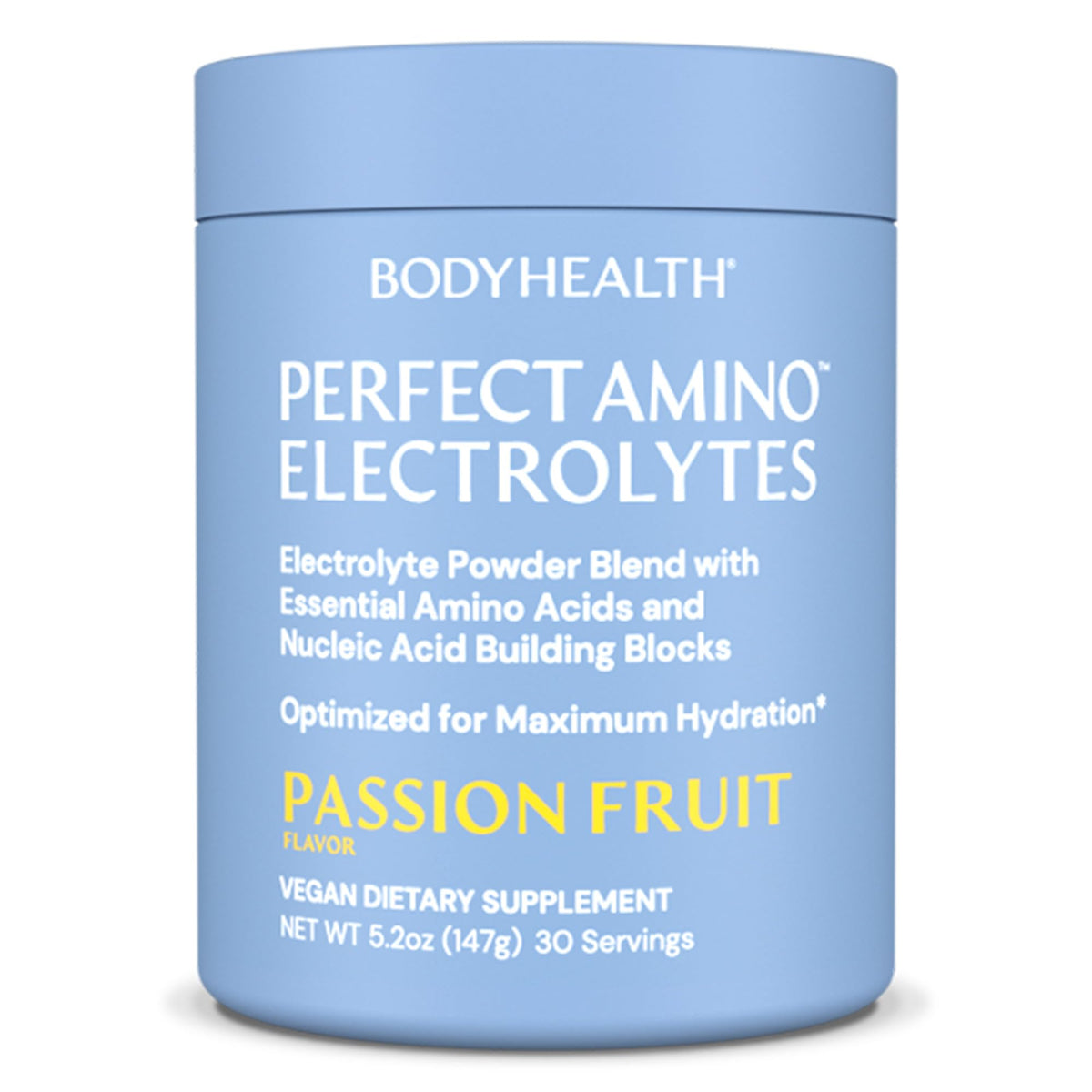 BodyHealth PerfectAmino Electrolytes, bote frontal, hidratación duradera para entrenamientos.