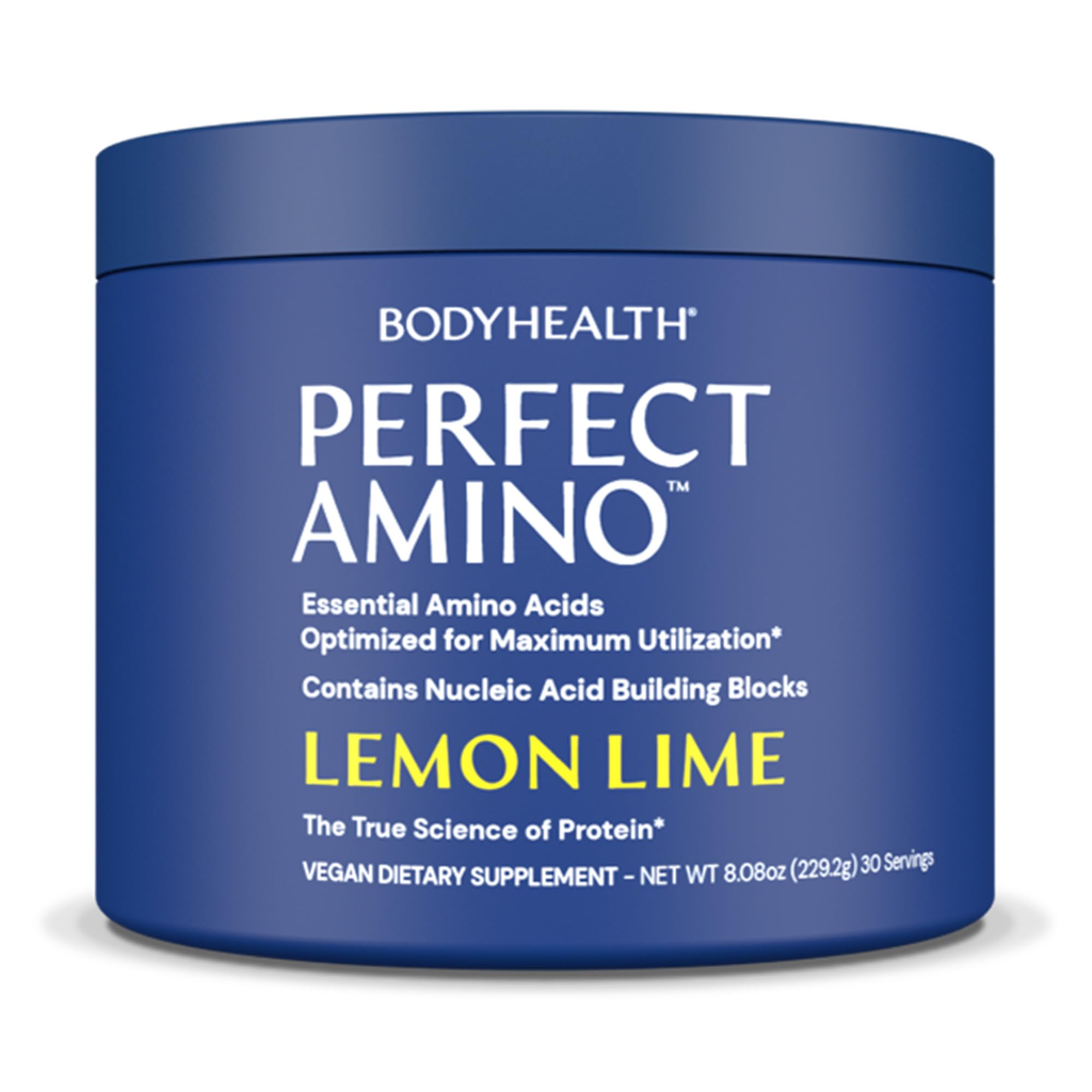BodyHealth PerfectAmino en empaque limón-lima, listo para mezclar y consumir.