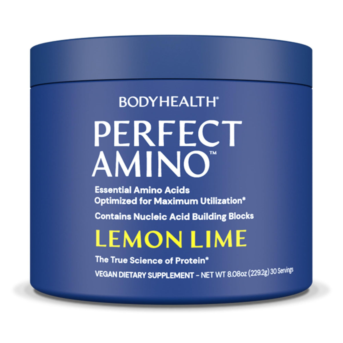 BodyHealth PerfectAmino en empaque limón-lima, listo para mezclar y consumir.