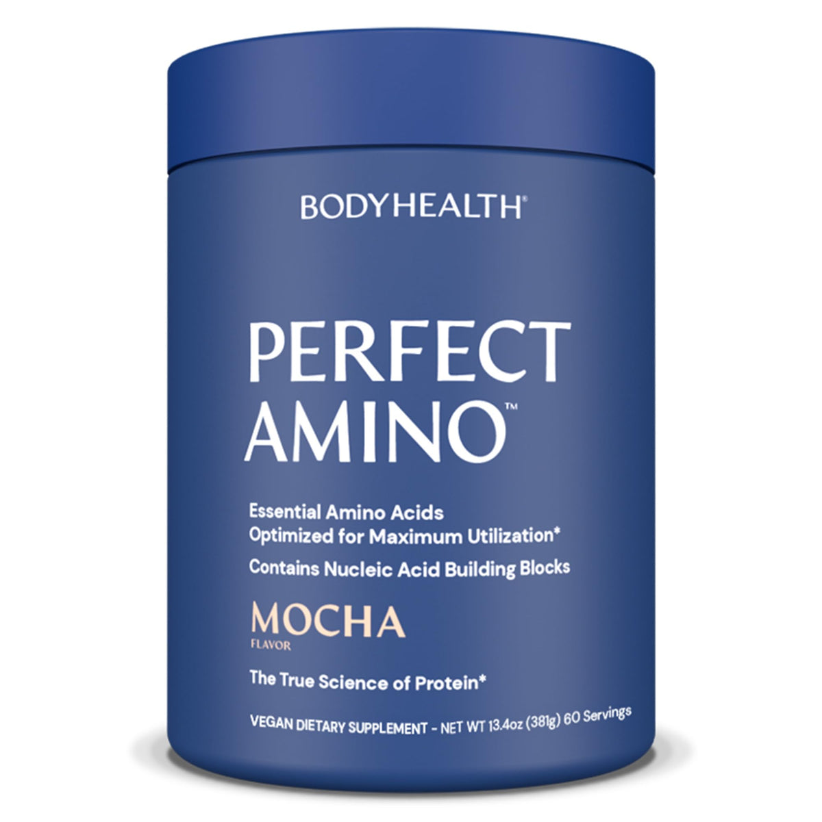 BodyHealth PerfectAmino en envase con etiqueta clara para energía previa al entrenamiento.