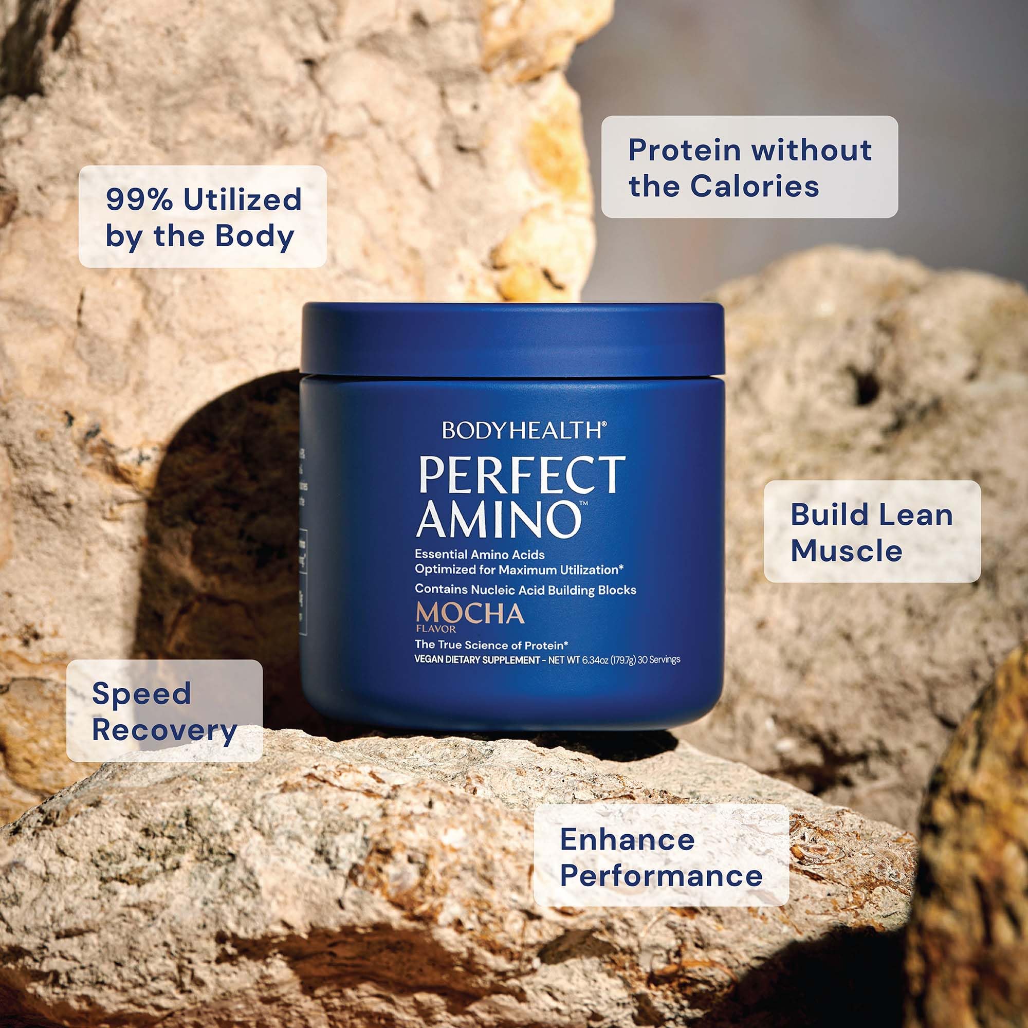 BodyHealth PerfectAmino etiqueta con ingredientes claros, destacando aminoácidos esenciales.