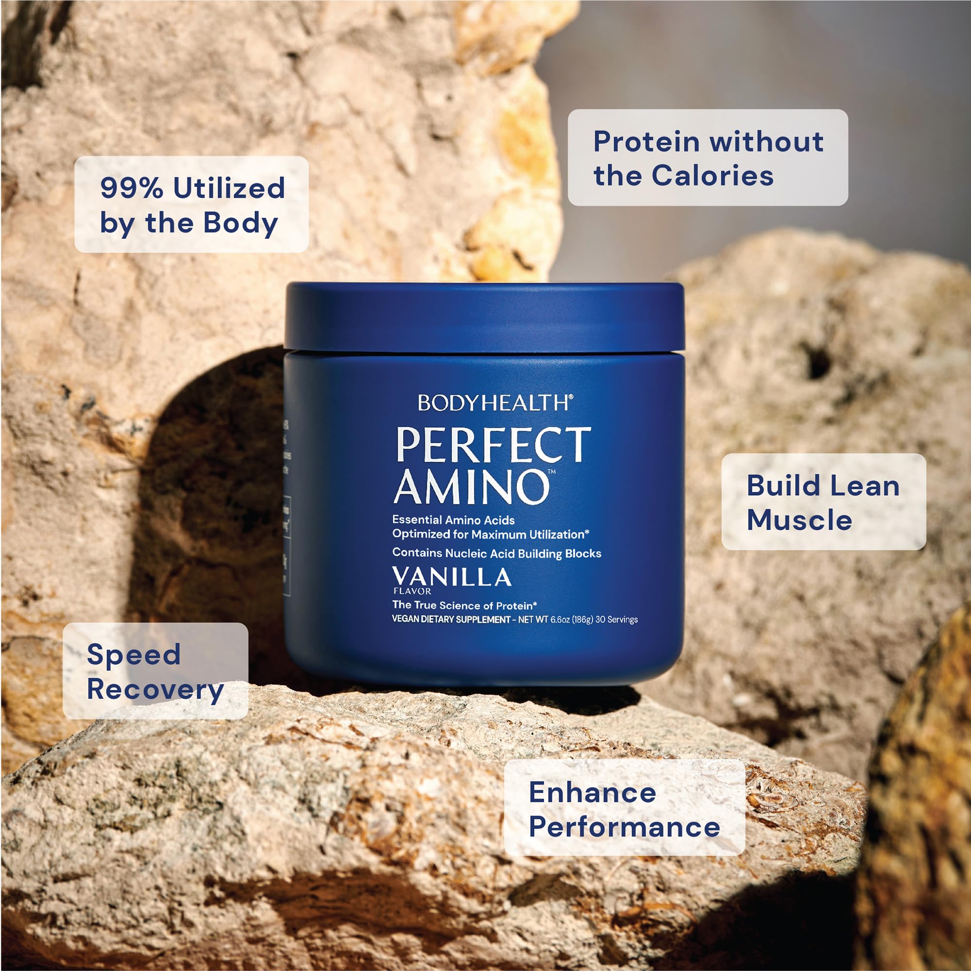 BodyHealth PerfectAmino Powder se mezcla rápido en agua para entrenar sin interrupciones.