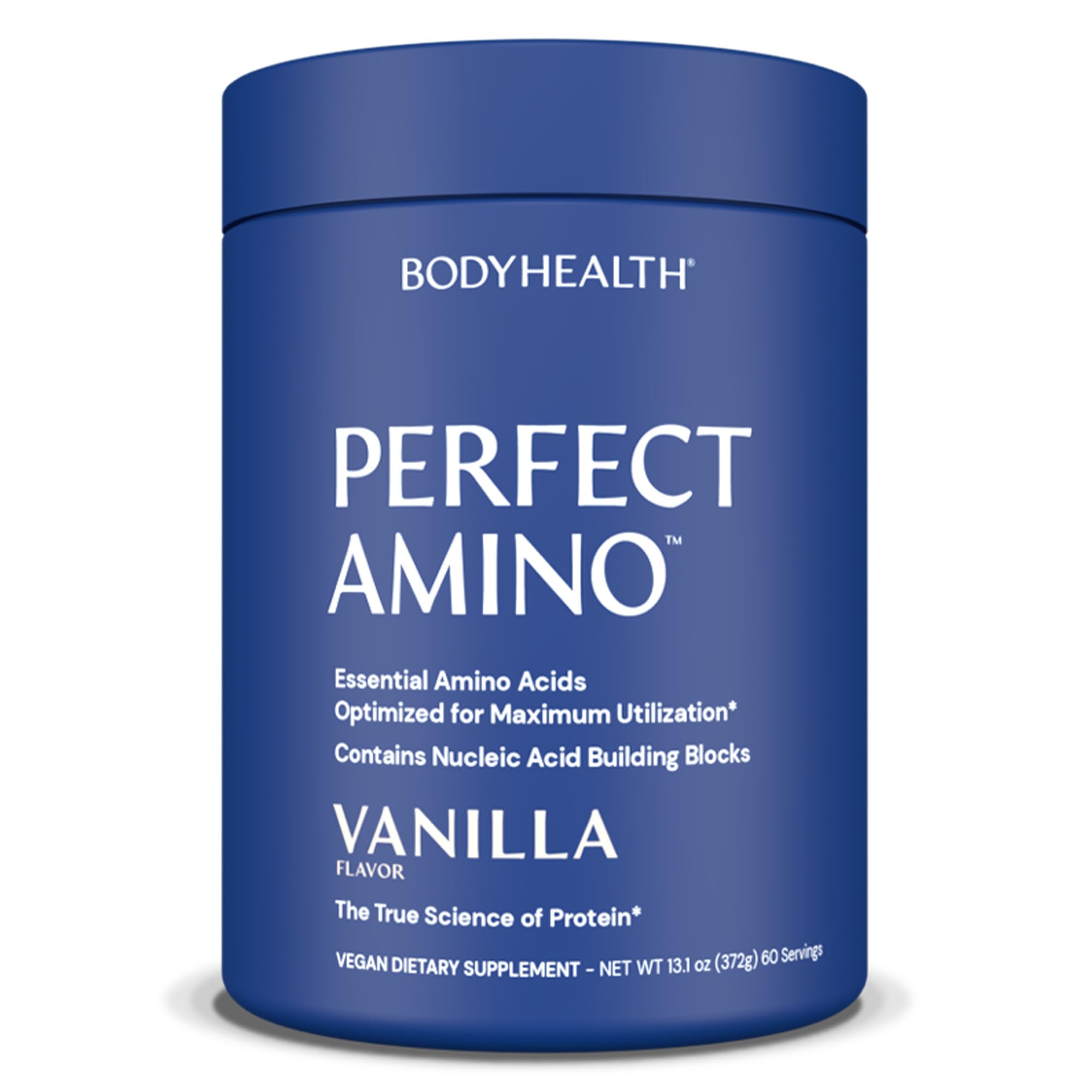BodyHealth PerfectAmino Powder en tarro hermético para almacenamiento seguro y dosis precisas.